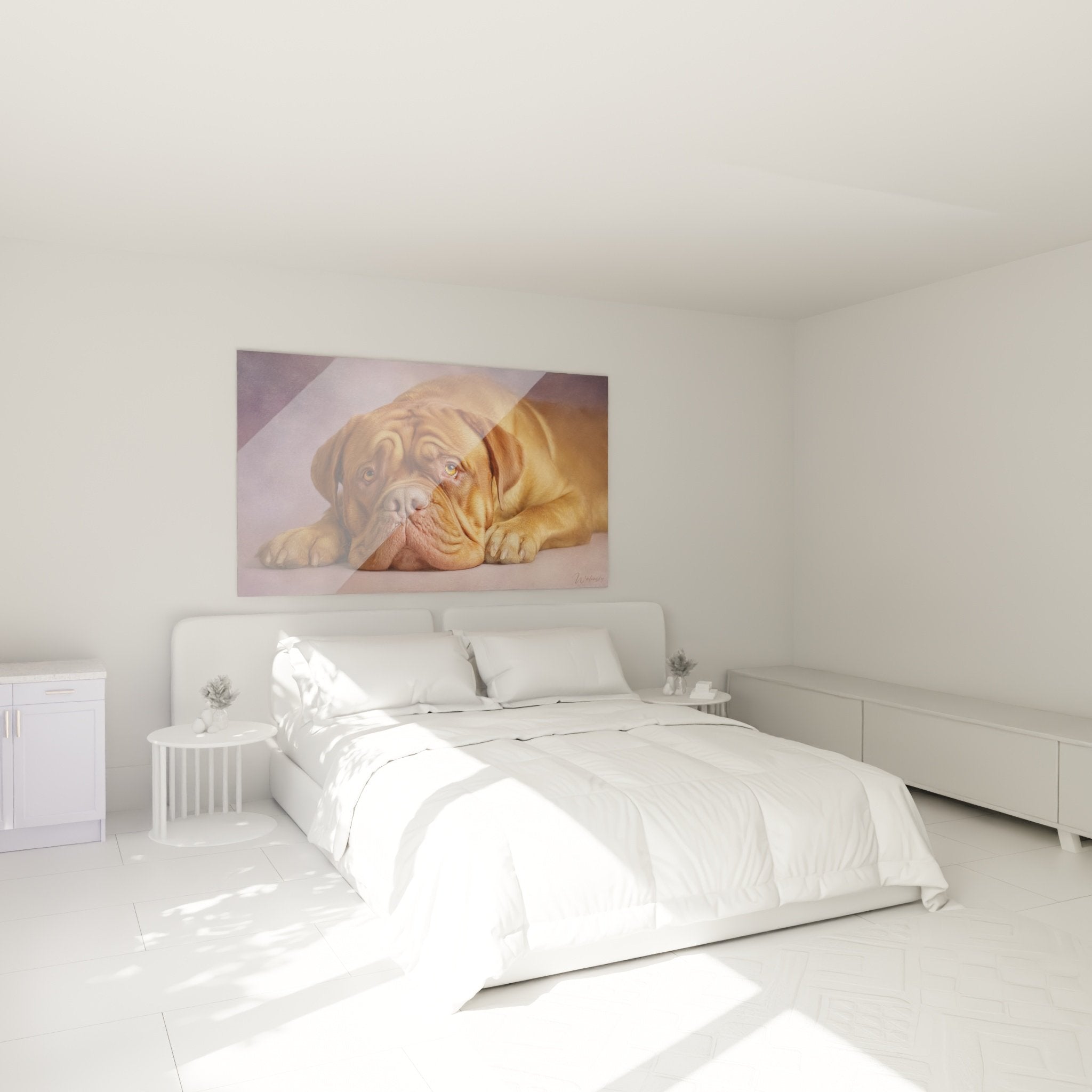 Tableau Dogue de Bordeaux dans chambre moderne, ambiance douce et apaisante avec tons violets et dorés