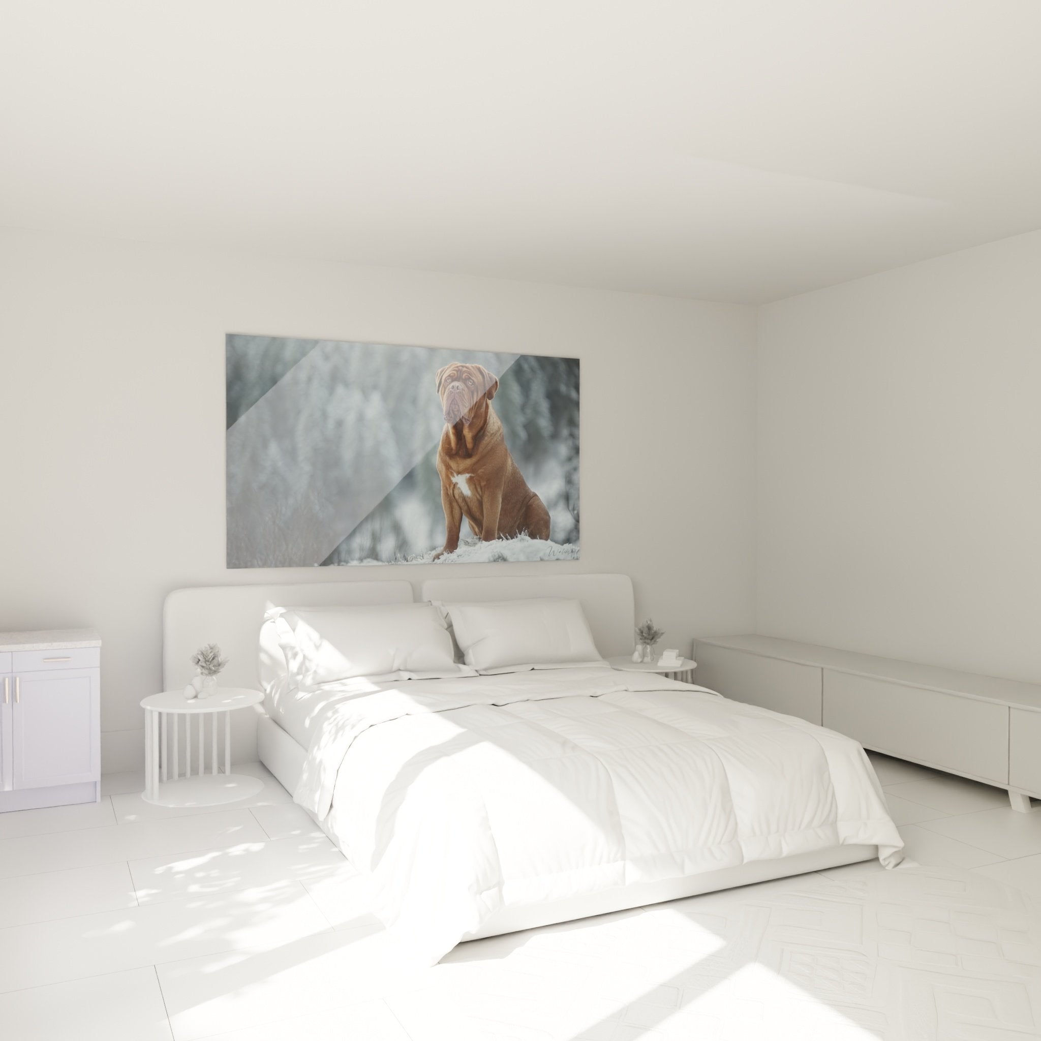 Tableau dogue bordeaux chambre, decoration murale chien neige, ambiance cocooning hiver