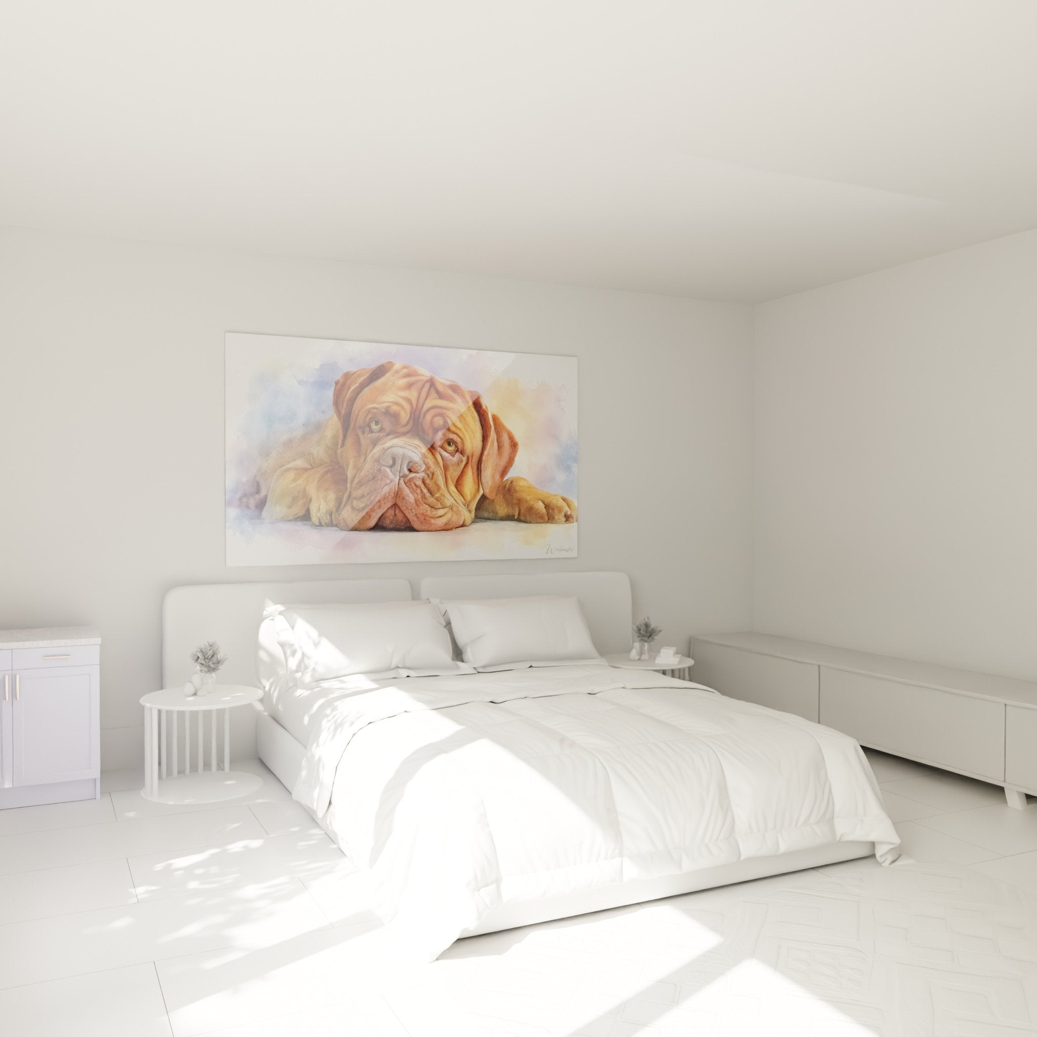 Tableau dogue de bordeaux aquarelle accroche dans chambre moderne aux murs beiges