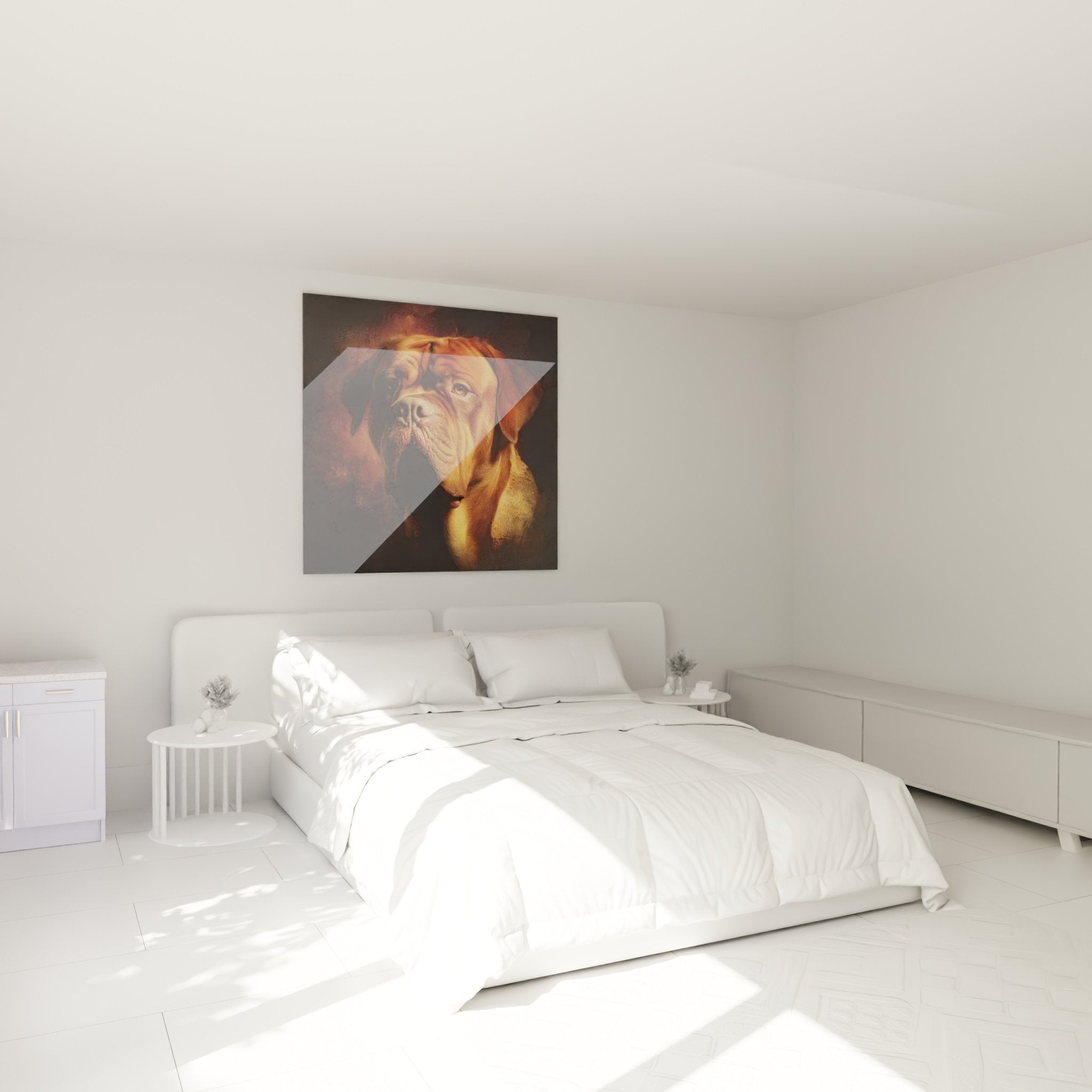 Bordeaux-Doggen-Gemälde in Goldtönen im Schlafzimmer mit warmer Atmosphäre installiert Wanddekoration Hundekunst