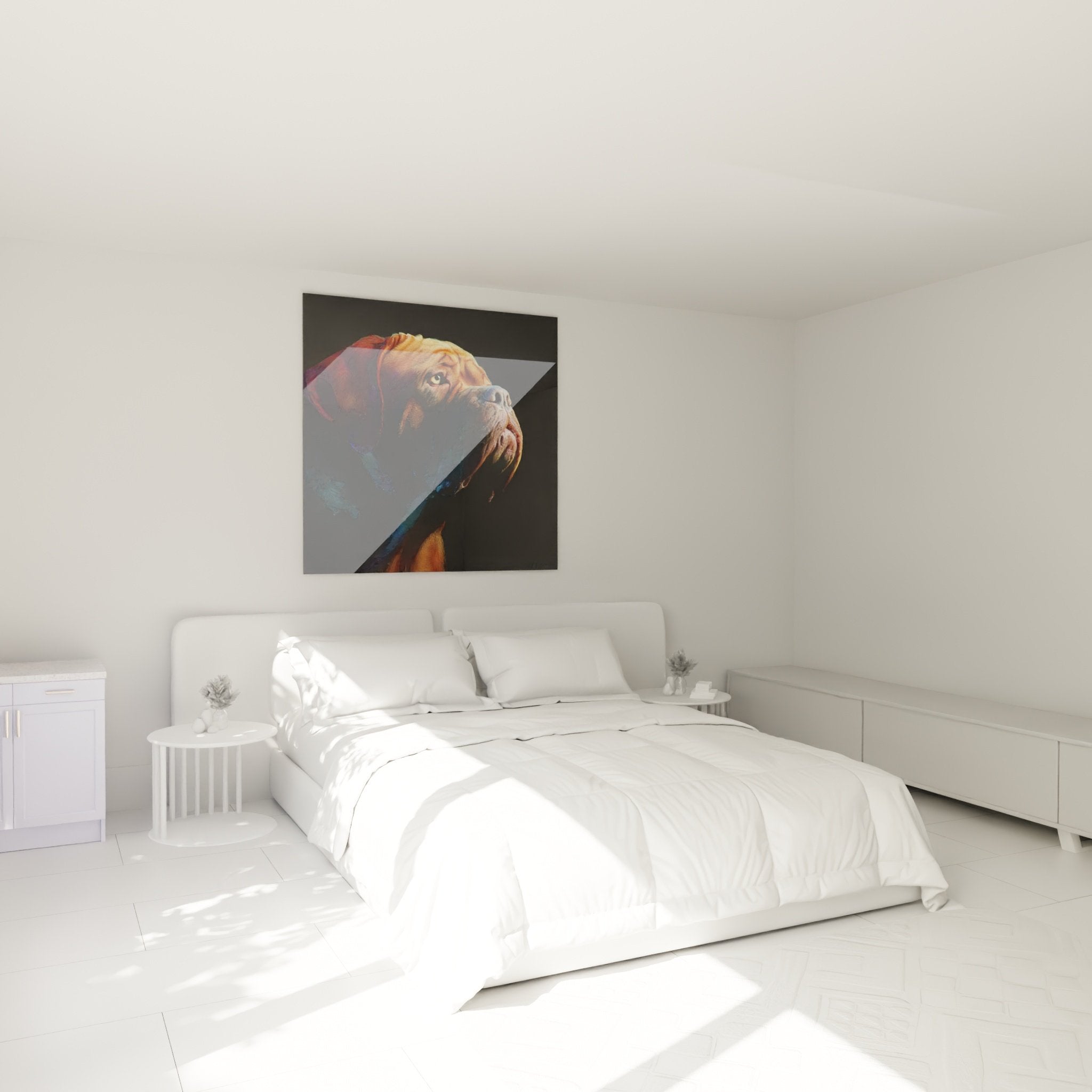 Tableau Dogue de Bordeaux coloré accroché dans chambre moderne avec décoration contemporaine élégante