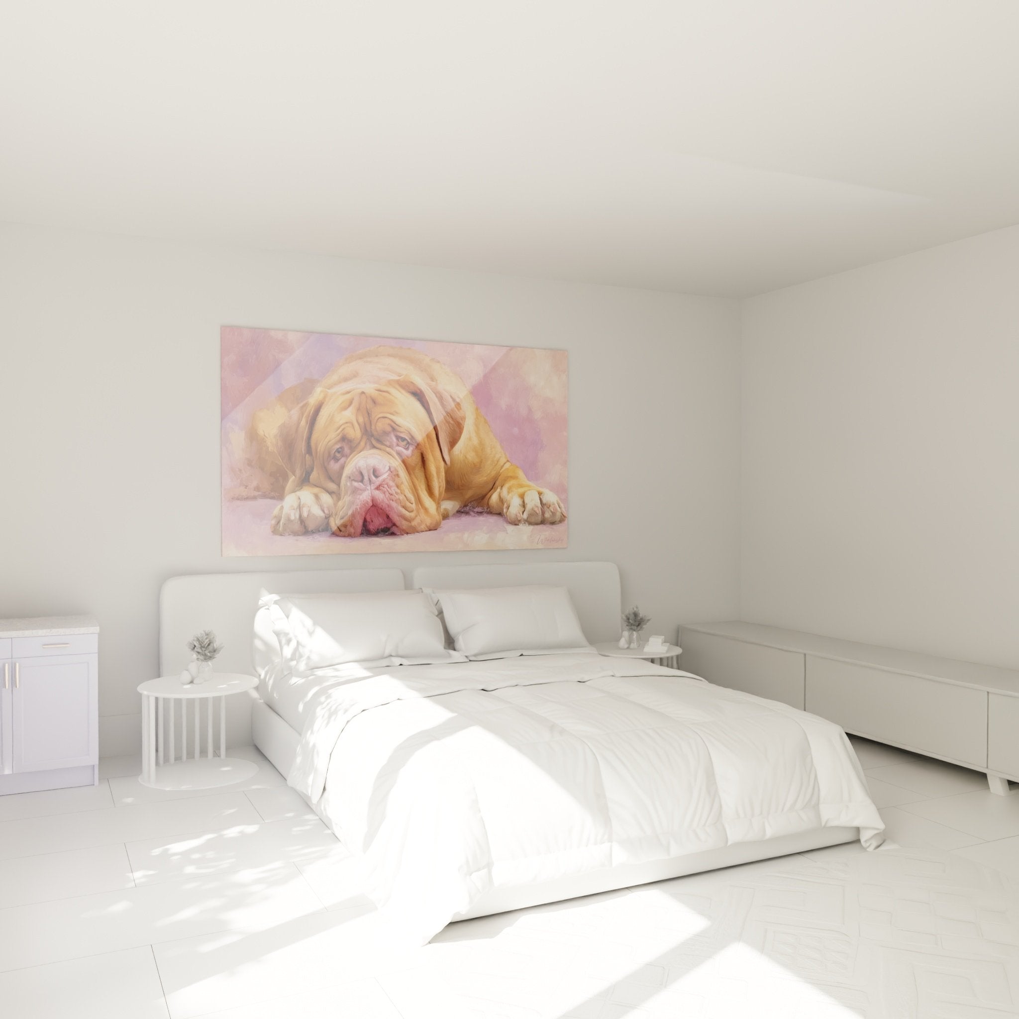 Tableau Dogue de Bordeaux tons roses dans chambre moderne aux murs blancs, ambiance douce et apaisante