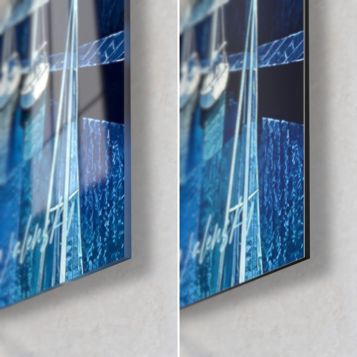 Wall art moored sailboats in midnight blue and turquoise mosaic, bottom right corner, glossy glass with reflections and matte Dibond, 3 mm thickness