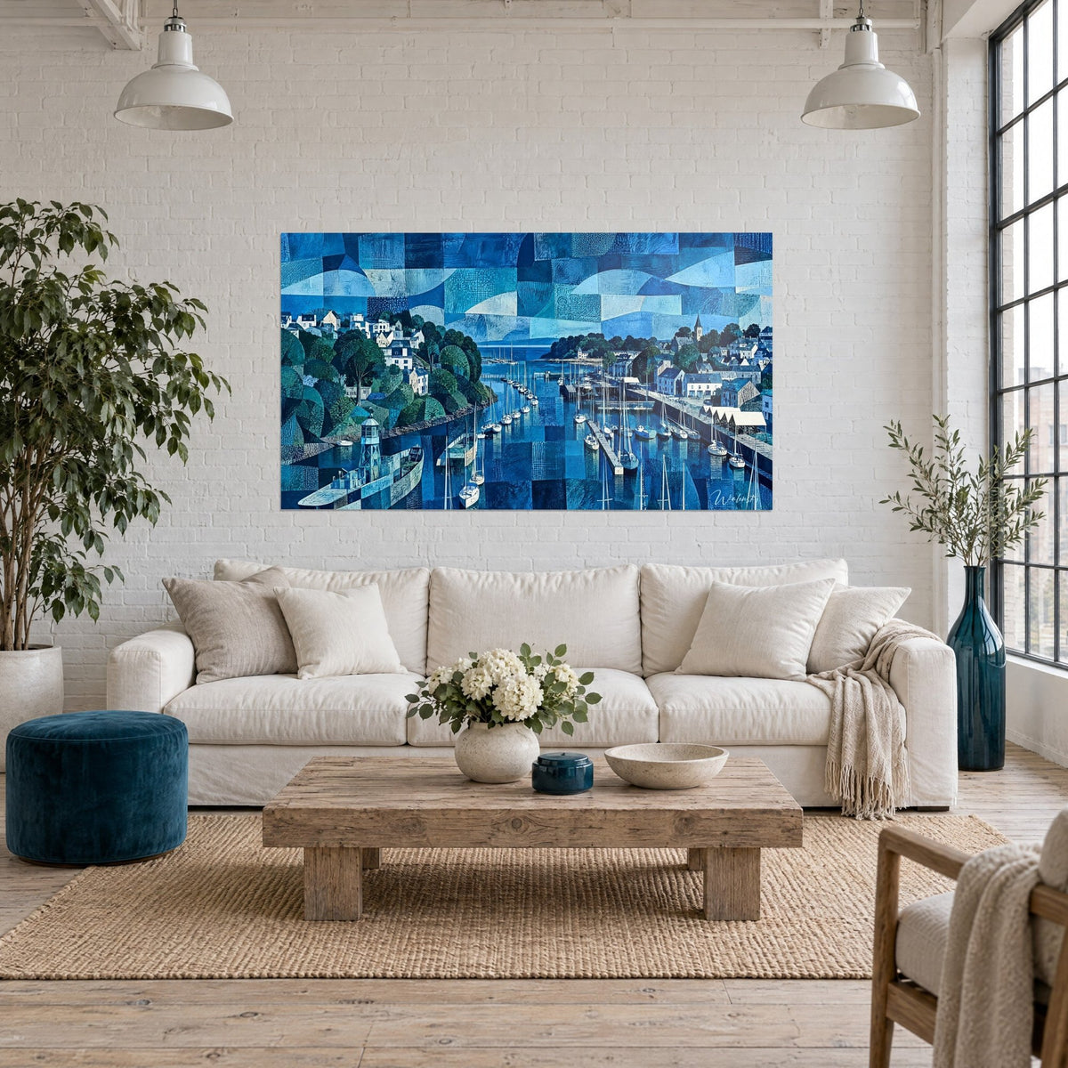 Wall art Breton harbour in cobalt blue and fir green mosaic, moored sailboats, above a sofa in a bright living room