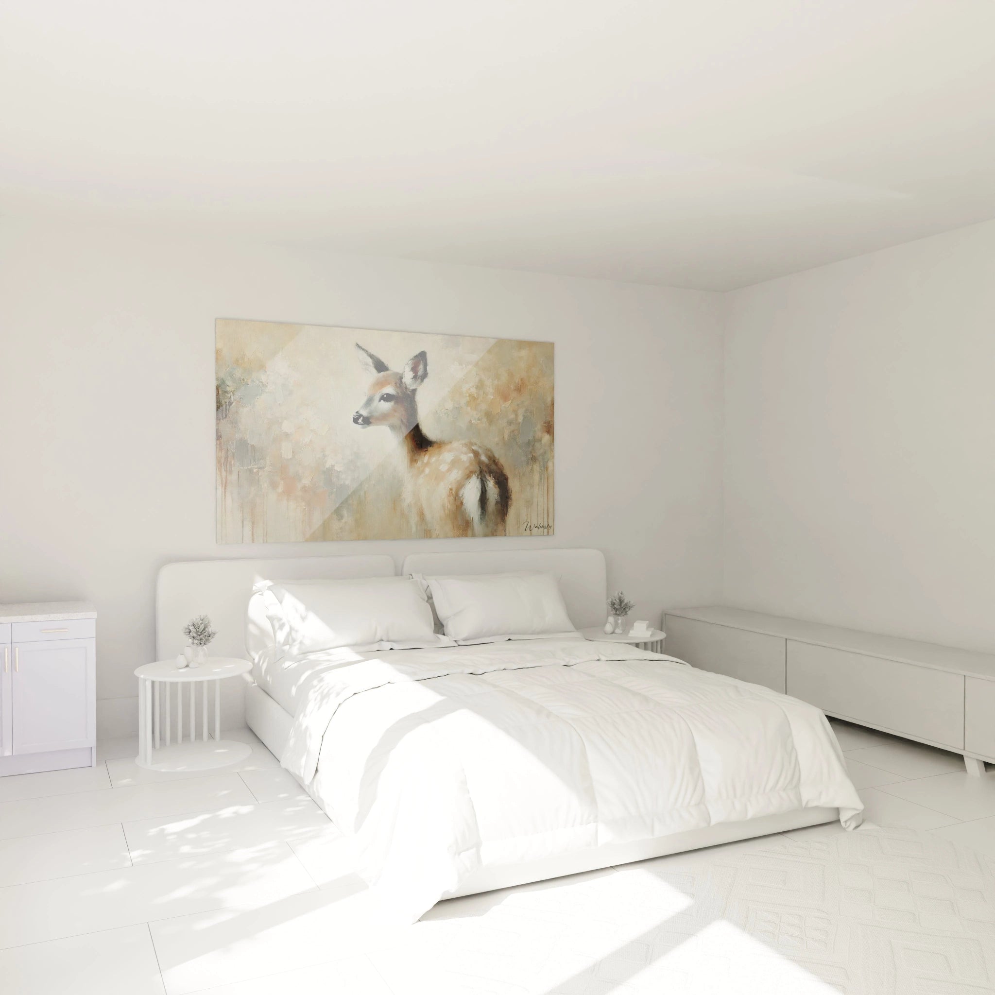 Ce tableau biche accroché au-dessus du lit transforme votre chambre en un havre de paix. Sa délicatesse et ses nuances subtiles apportent une ambiance réconfortante et naturelle à votre espace.