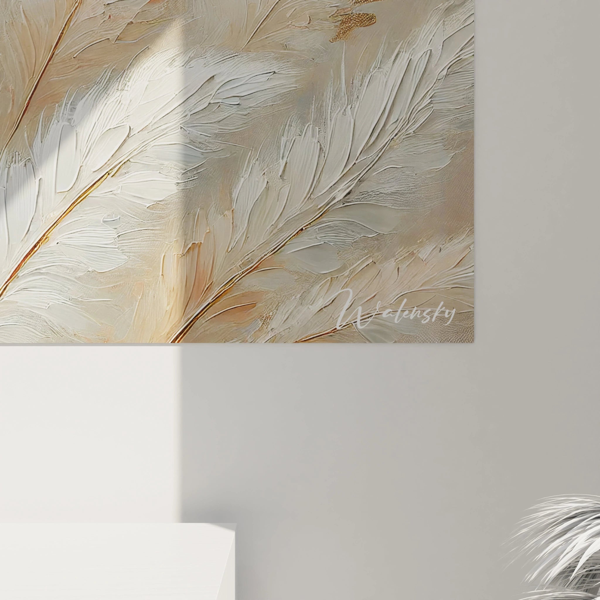 Vue de pres du tableau plume mettant en valeur la texture et le detail de chaque plume Detente et elegance s expriment a travers une composition poetique et apaisante