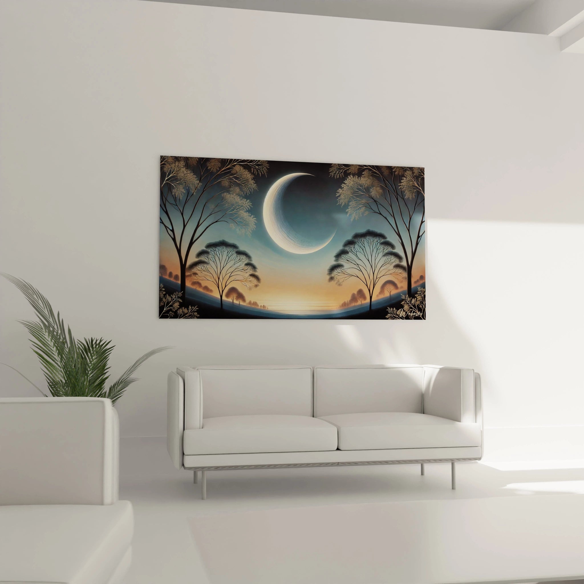 Transformez votre salon avec ce tableau Lune. Installe au-dessus du canape, il devient un point focal qui inspire calme et reflexion, parfait pour une decoration elegante et moderne.