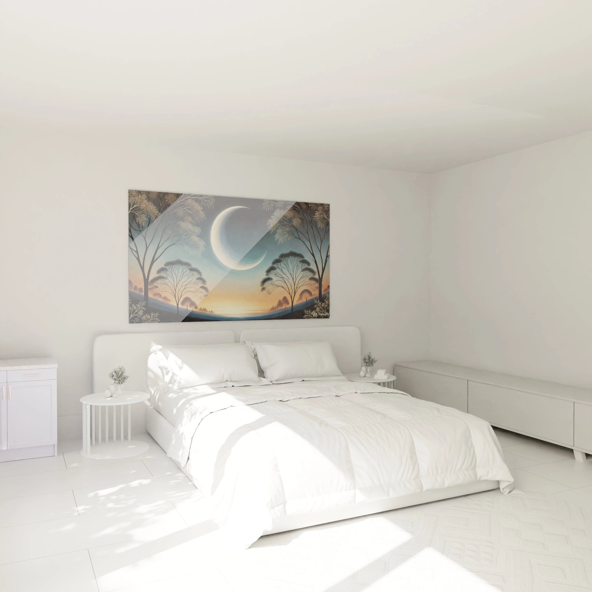 Ce tableau Lune illumine votre chambre. Suspendu au-dessus du lit, il apporte une serenite unique grace a ses nuances argentees et bleues. Laissez-vous bercer par cette ambiance apaisante.