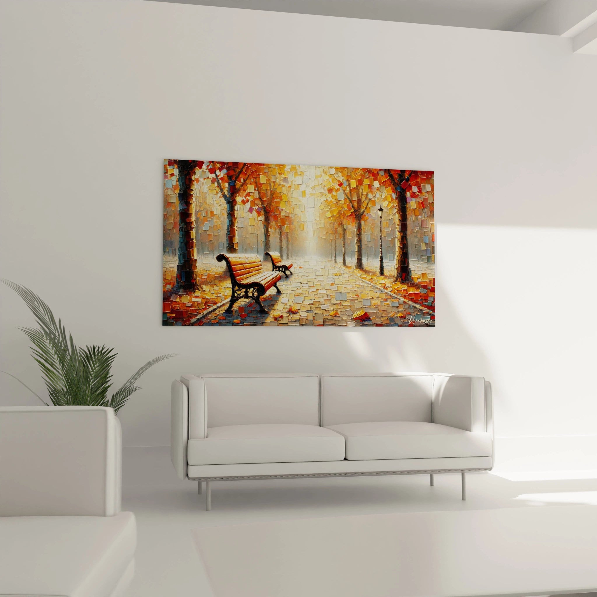Tableau Automne dans un salon : installé au-dessus du canapé, ce tableau d'automne évoque la tranquillité d'une allée feutrée, parfait pour un intérieur chaleureux avec ses teintes bronze et beige.
