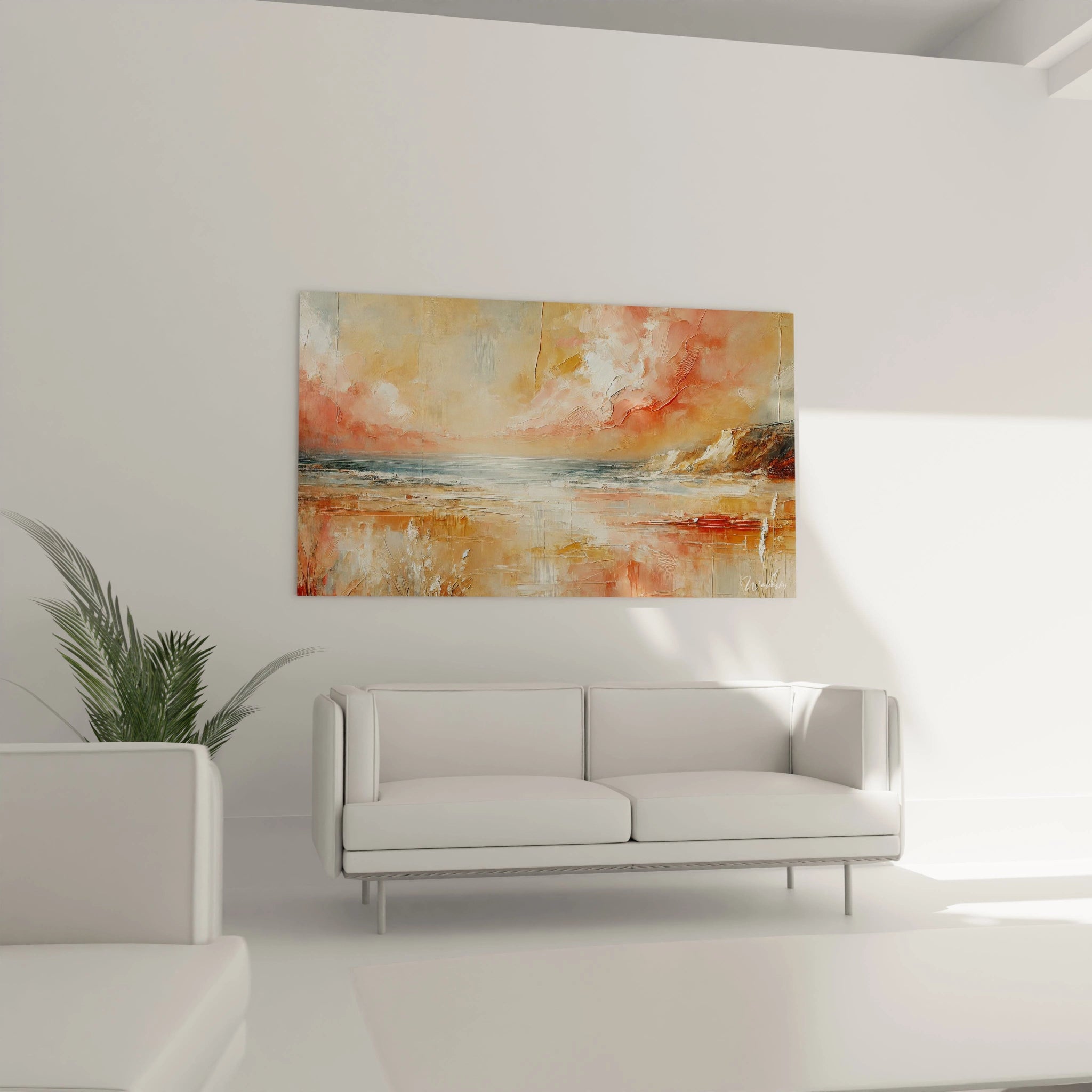 Douceur d'Ambre, tableau paysage marin, accroché dans un salon moderne. Nuances ambrées et corail créant une atmosphère de sérénité."