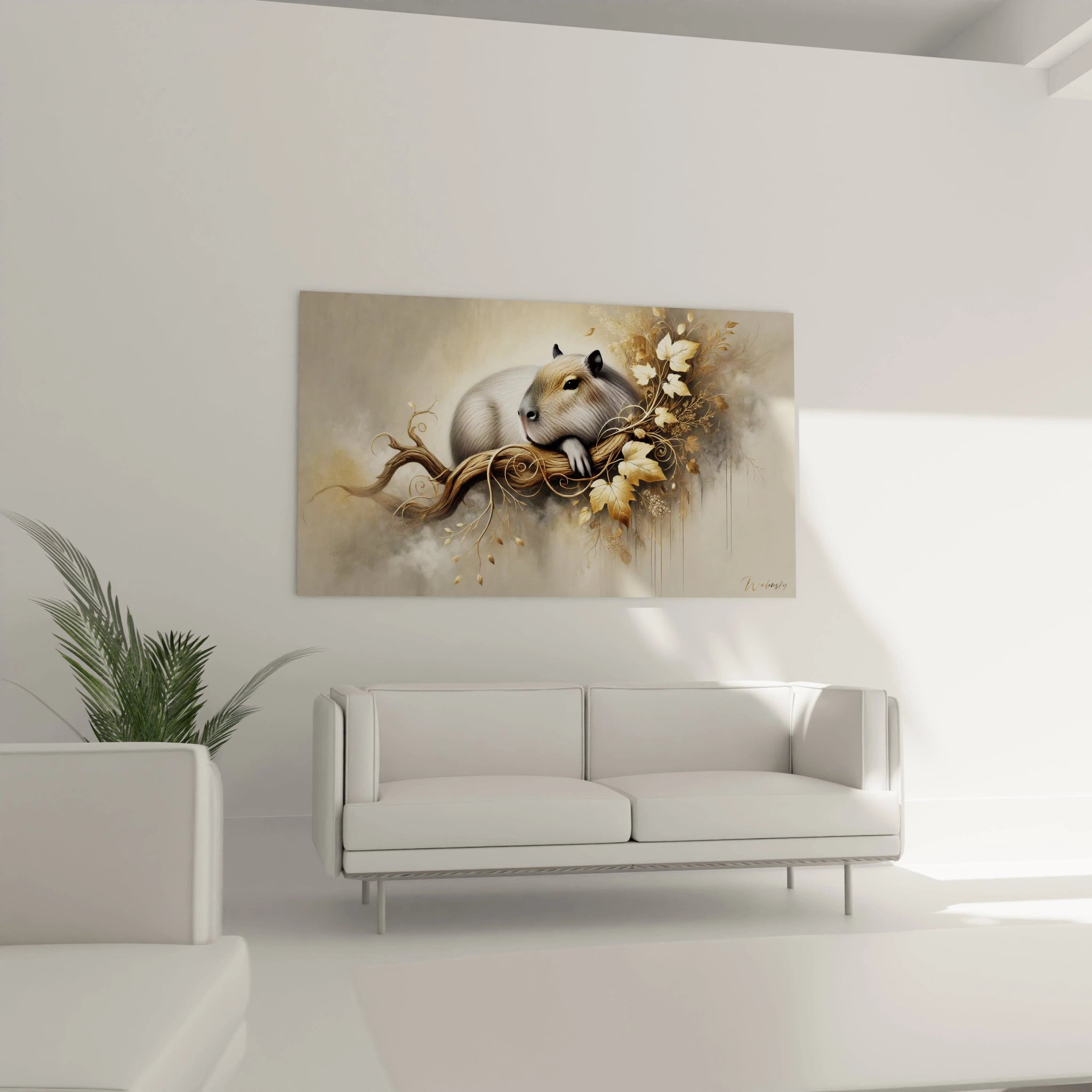 Dans votre salon, ce tableau capybara au dessus du canapé offre une sensation de serenite avec des details delicats et des couleurs douces. Un ajout parfait pour une decoration sophistiquee.