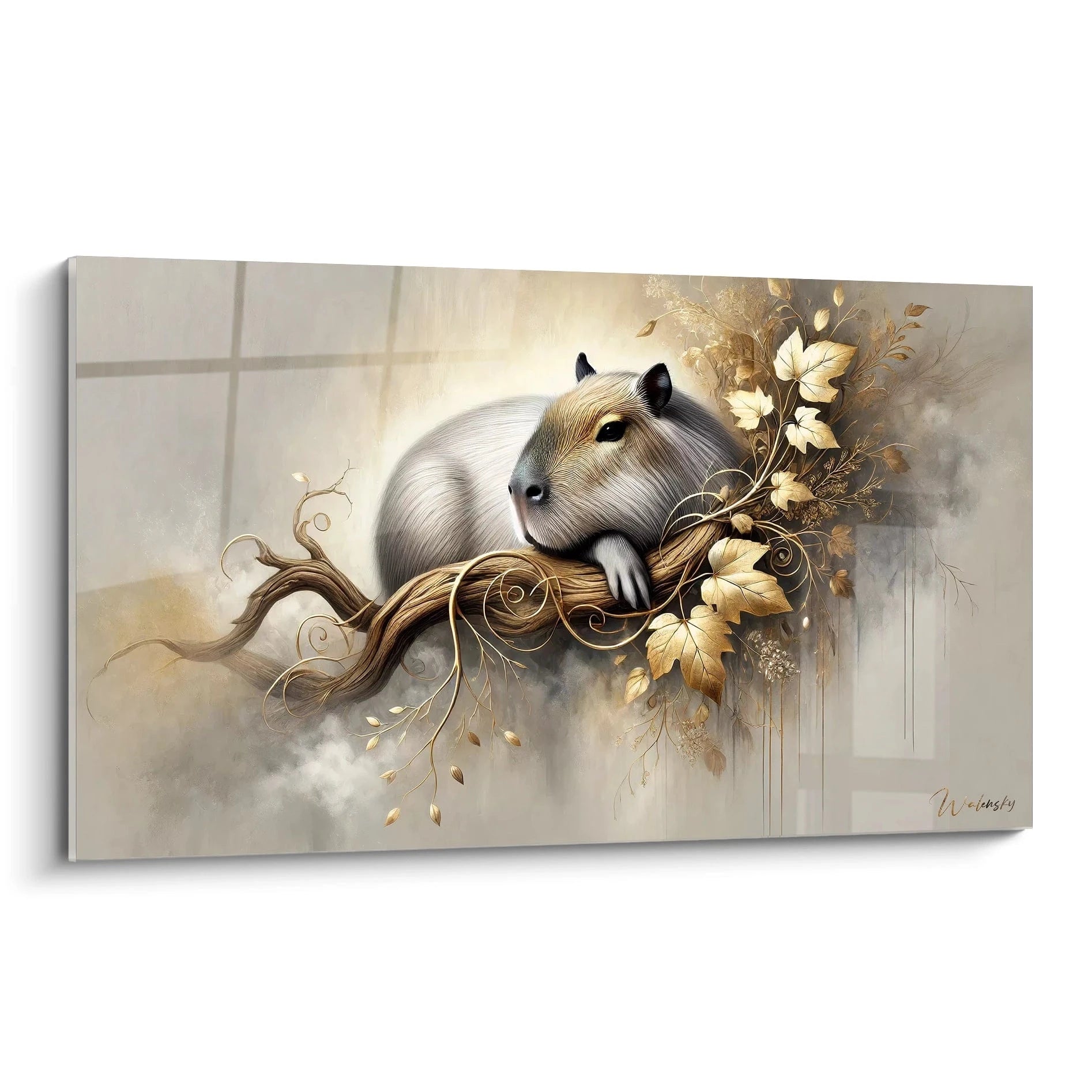 Apportez une touche de serenite a votre interieur avec ce tableau capybara vu de biais. Sa posture de repos et les motifs floraux ajoutent une touche de luxe discret et un charme unique a votre decor.