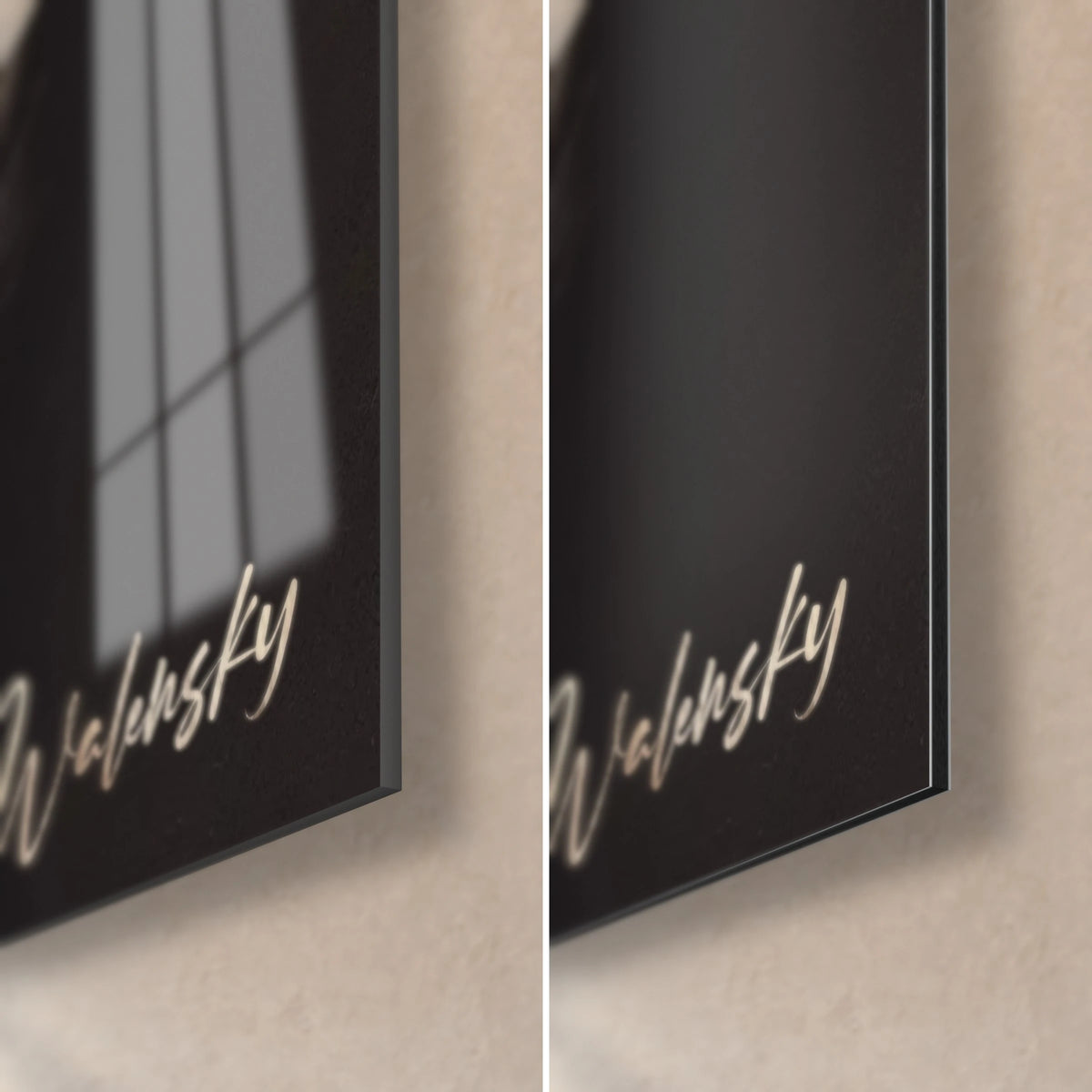 Wall art of a squirrel in orange and cream fur, bottom right corner, glossy acrylic glass reflecting the window and matte black Dibond
