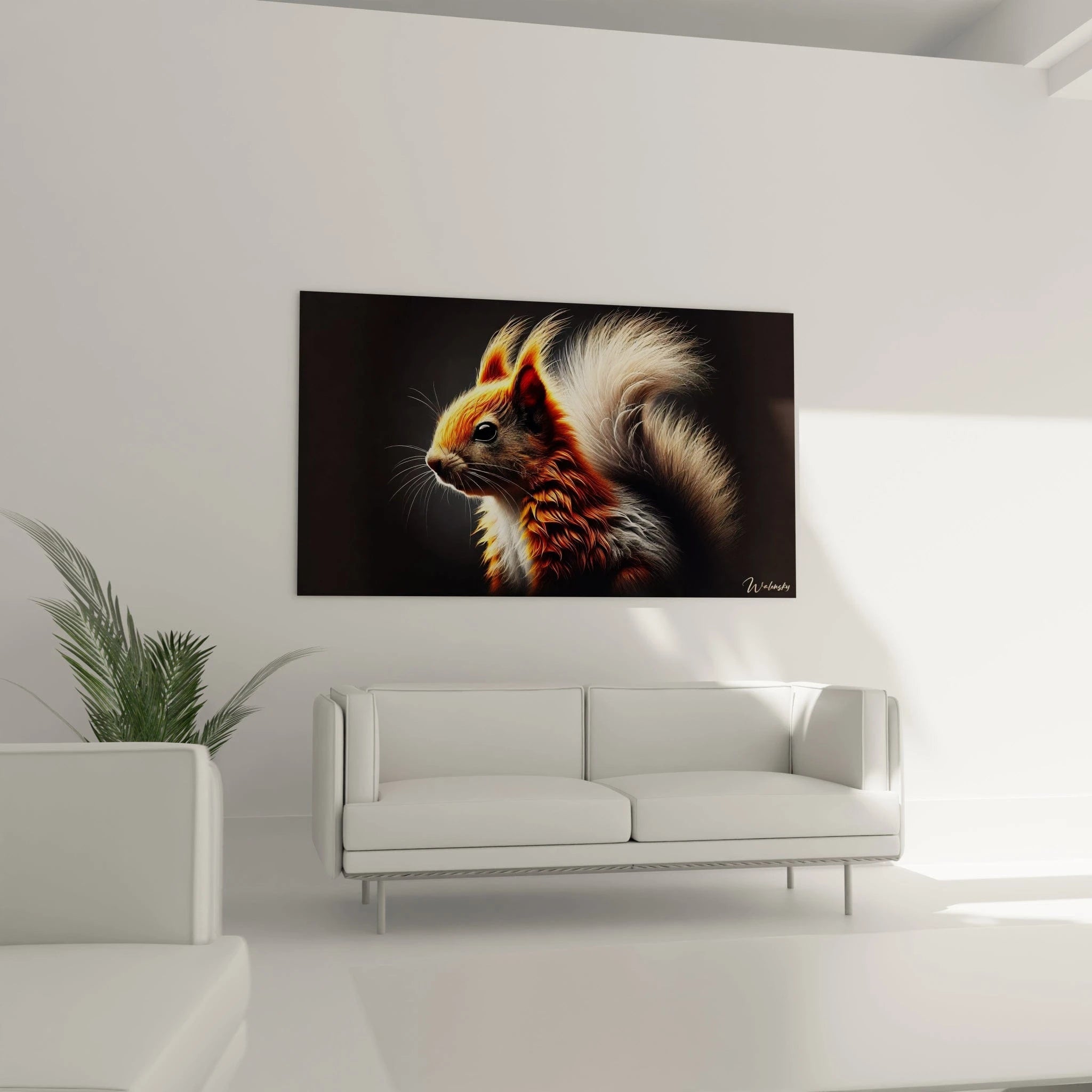 tableau ecureuil accroché dans une chambre au-dessus du lit, ajoutant une touche chaleureuse avec ses tons naturels et son pelage éclatant