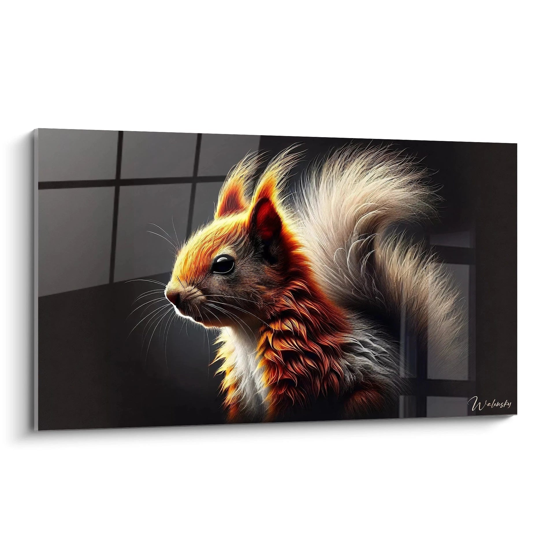 tableau ecureuil vu de biais avec des tons chauds orange et beige, des détails réalistes de sa fourrure lumineuse et un style contemporain vibrant