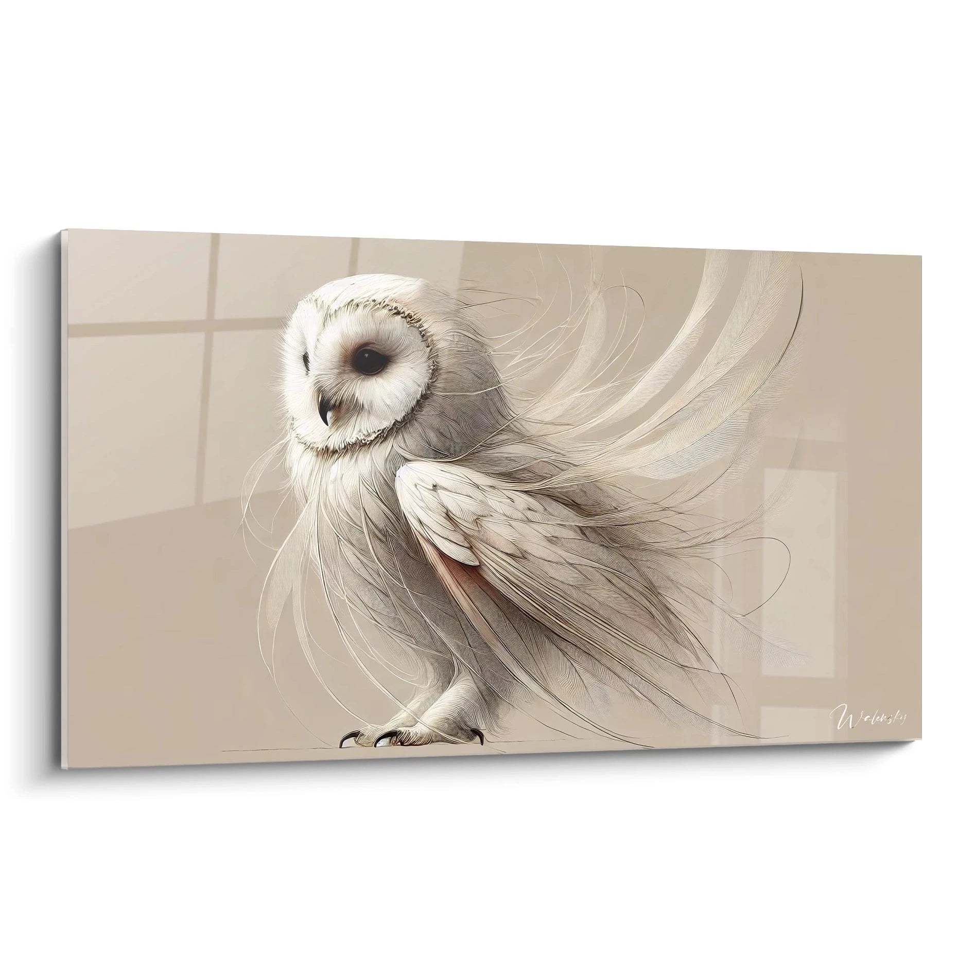 Tableau chouette elegant avec details precis et couleurs douces. Vue de biais, parfait pour ajouter une touche d art et de serenite a tout interieur.