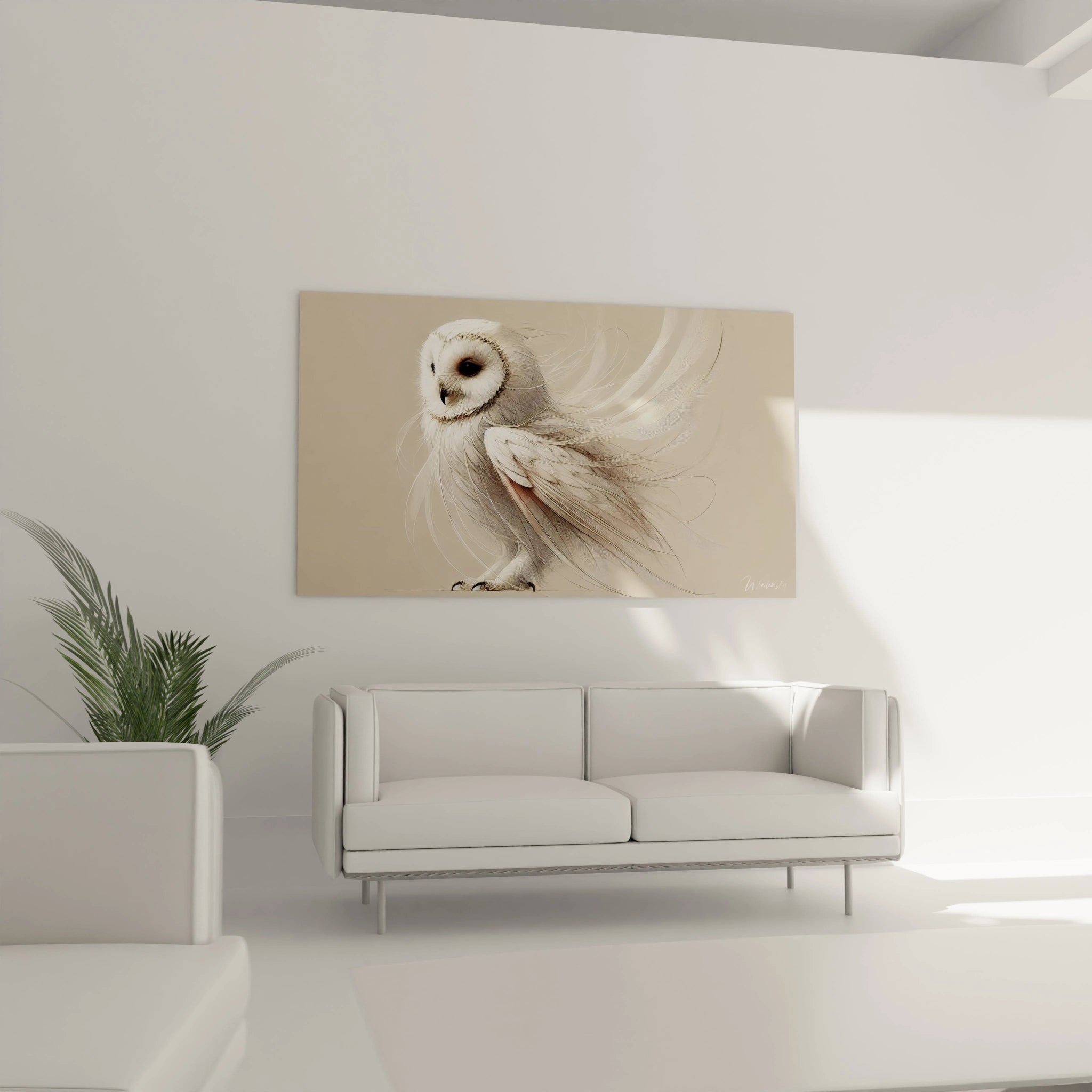 Sublime tableau chouette accroche au-dessus du canape, ajoutant une touche d elegance au salon. Atmosphere calme et detaillage precis.