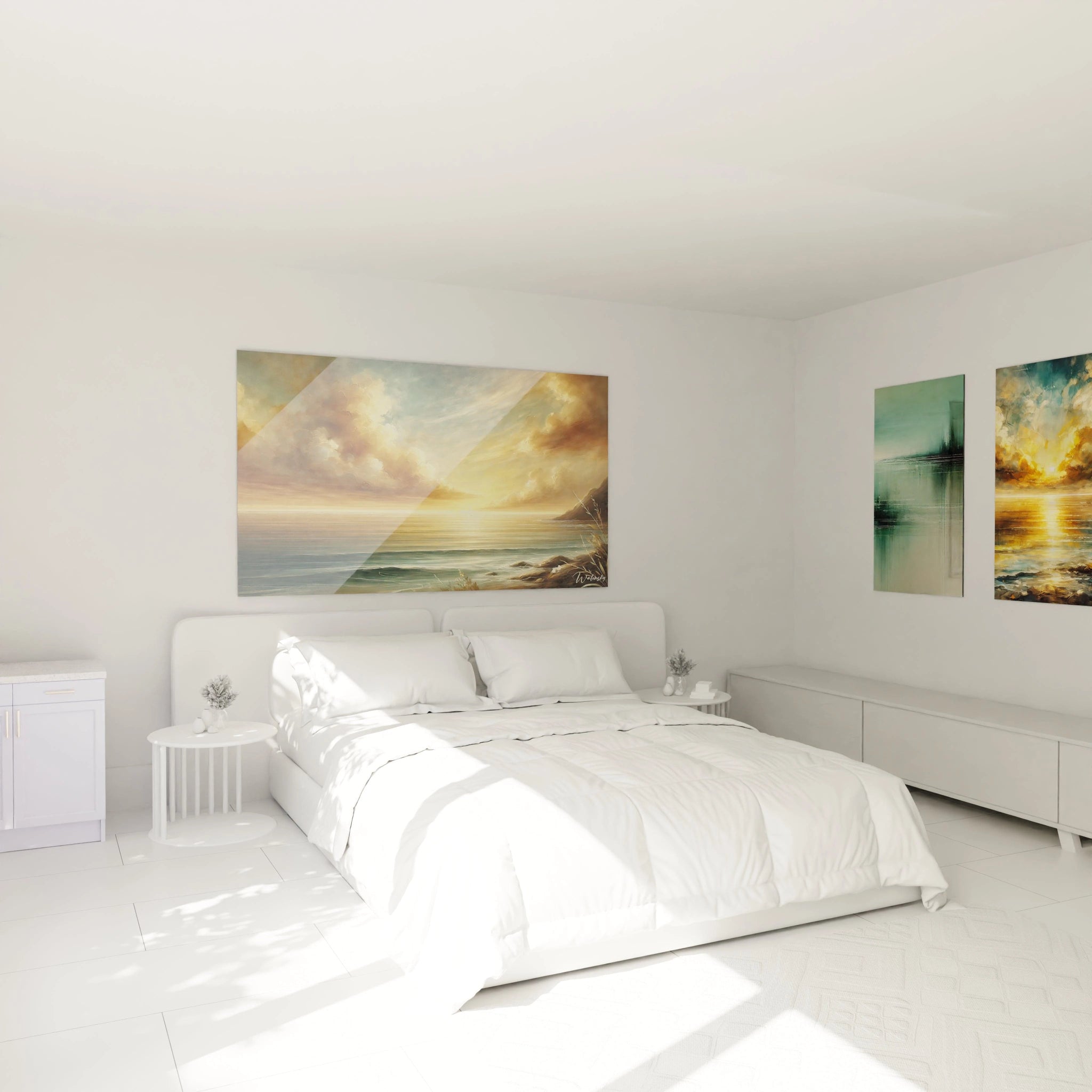 "Tableau Douceur du Crépuscule accroché au mur d'une chambre, illuminant l'espace avec ses nuances dorées et créant une ambiance sereine au-dessus du lit."