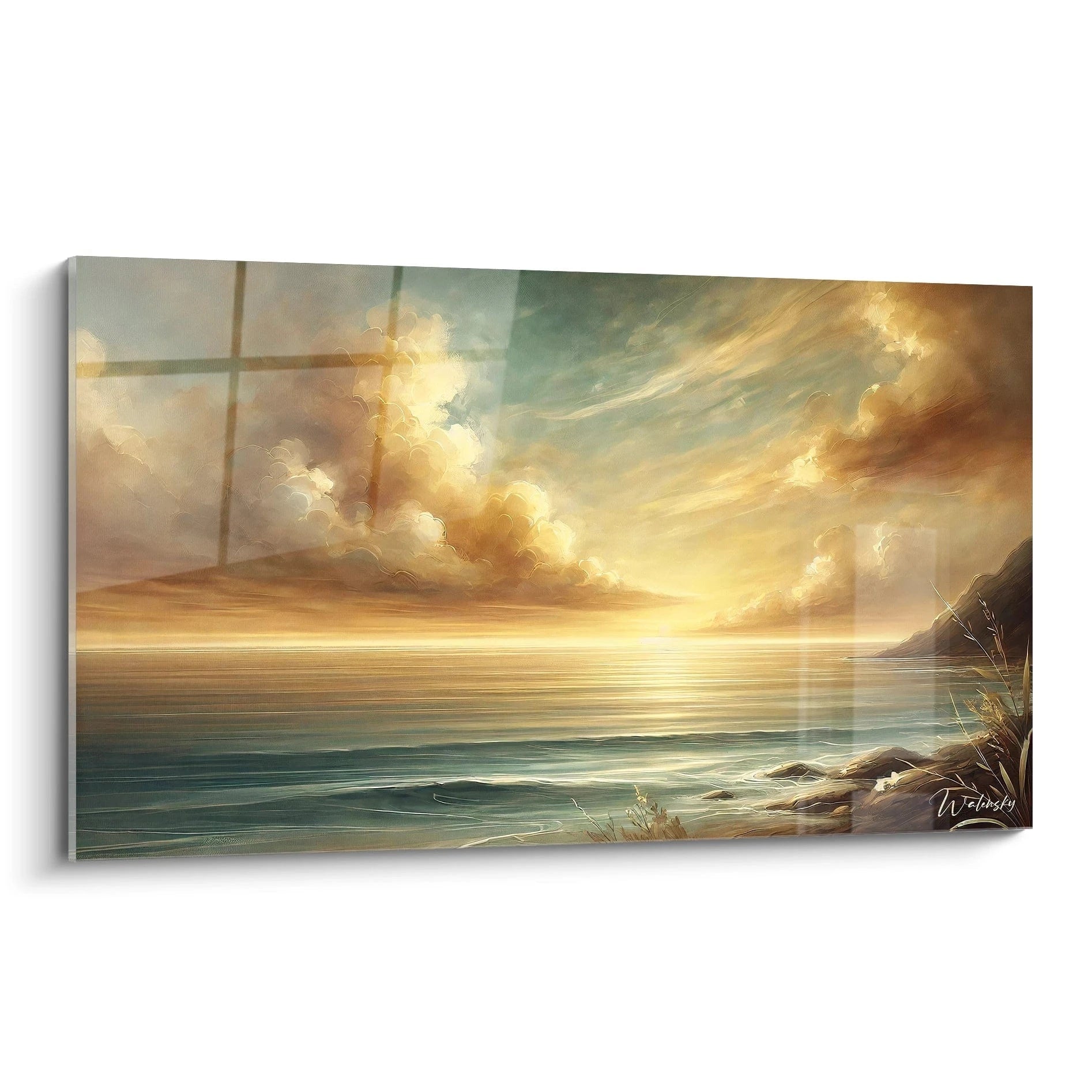 "Tableau Douceur du Crépuscule vu de biais, illustrant un coucher de soleil doré sur un paysage côtier paisible. Nuances d'ambre et reflets sur une mer calme."