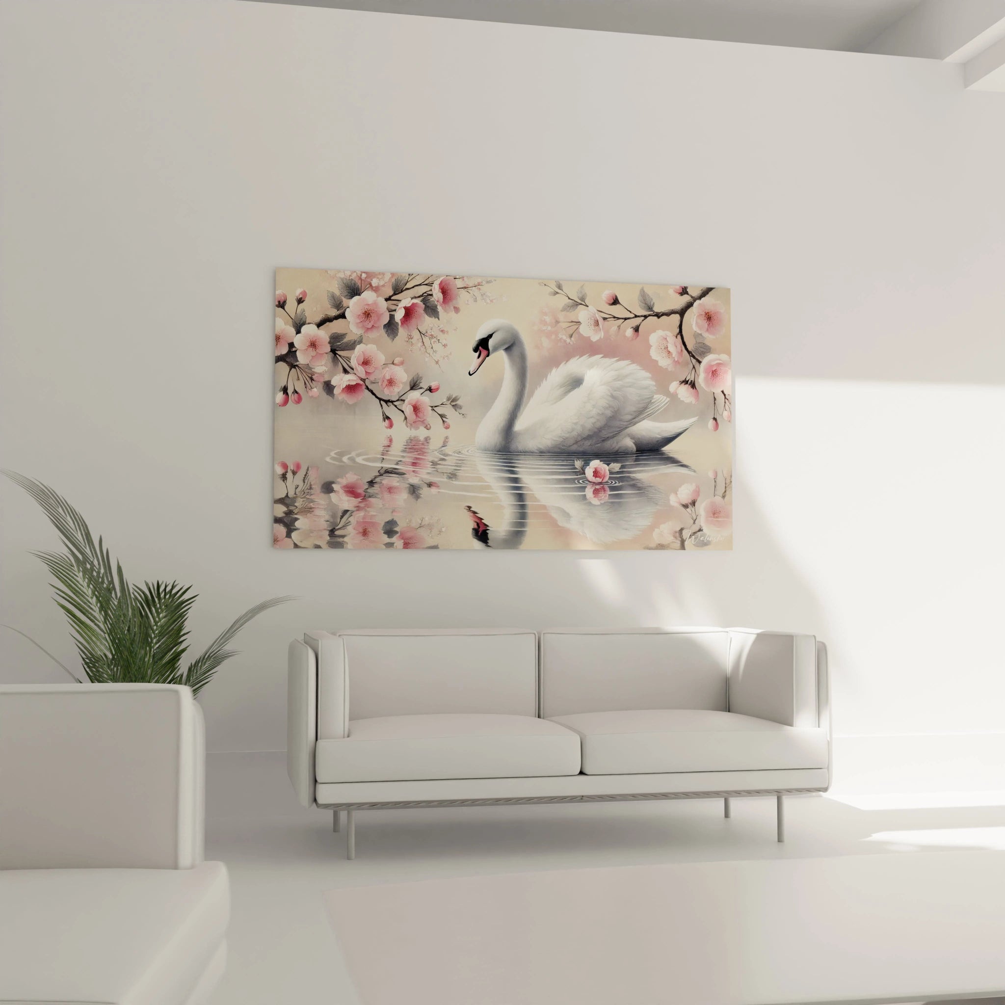 tableau cygne accroche au mur du salon : une touche d elegance et de serenite pour sublimer votre espace Avec des tons pastel il apporte une ambiance romantique et apaisante