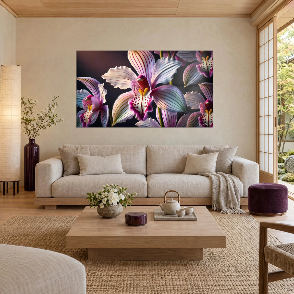 Tableau orchidée rayée de rose et de blanc, cœur jaune tacheté de magenta, fond sombre, au-dessus d'un canapé dans un salon lumineux