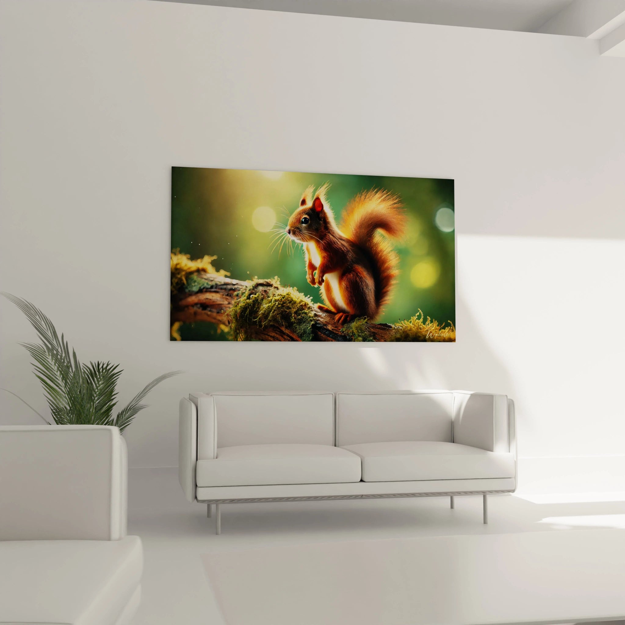 ce tableau ecureuil suspendu au dessus d un canape illumine votre salon avec ses teintes de vert et d orange, pour une decoration chaleureuse et vivante