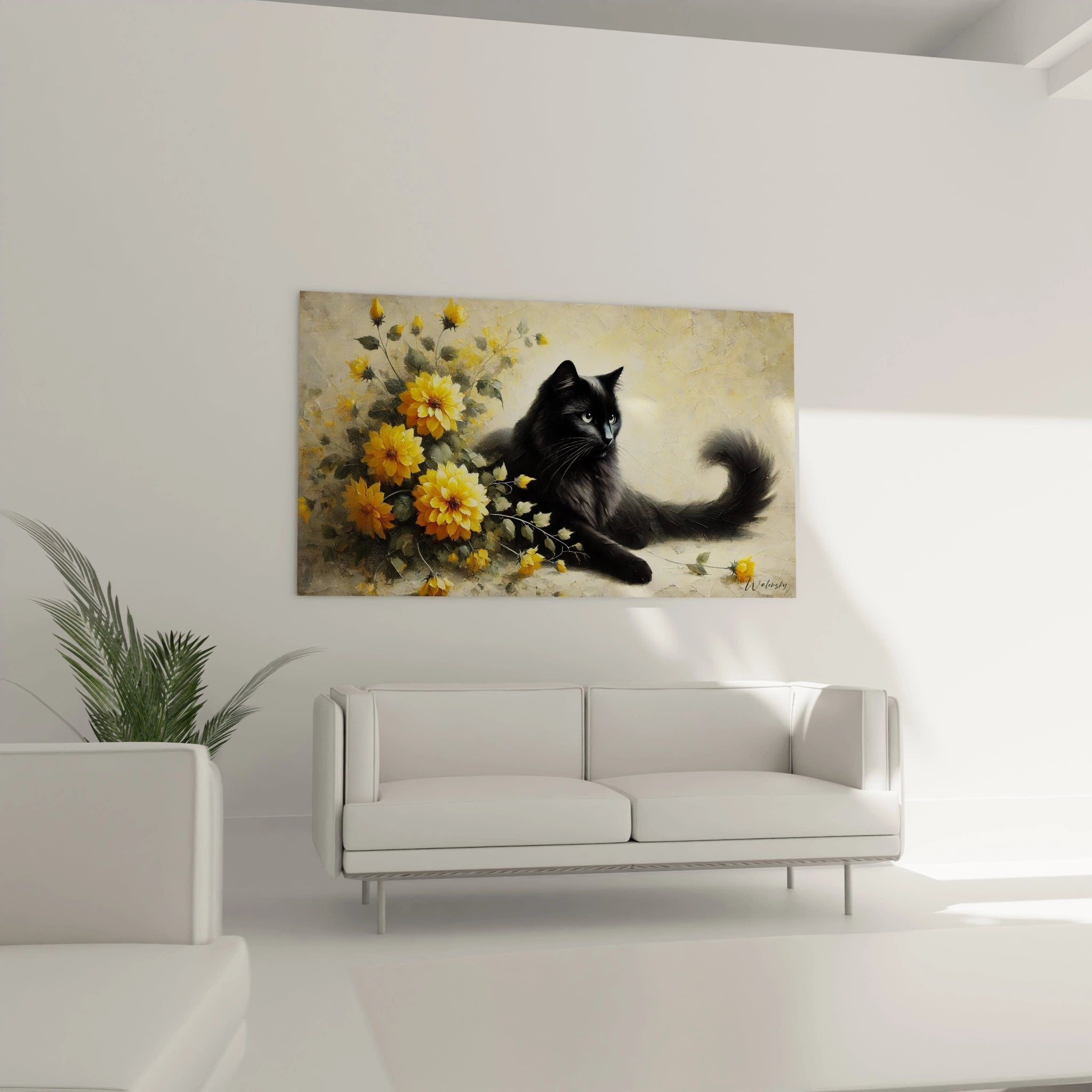 Ce tableau chat, mettant en avant un chat noir et des fleurs jaunes éclatantes, s'intègre parfaitement dans un salon moderne. Installé au-dessus du canapé, il attire tous les regards avec son élégance.