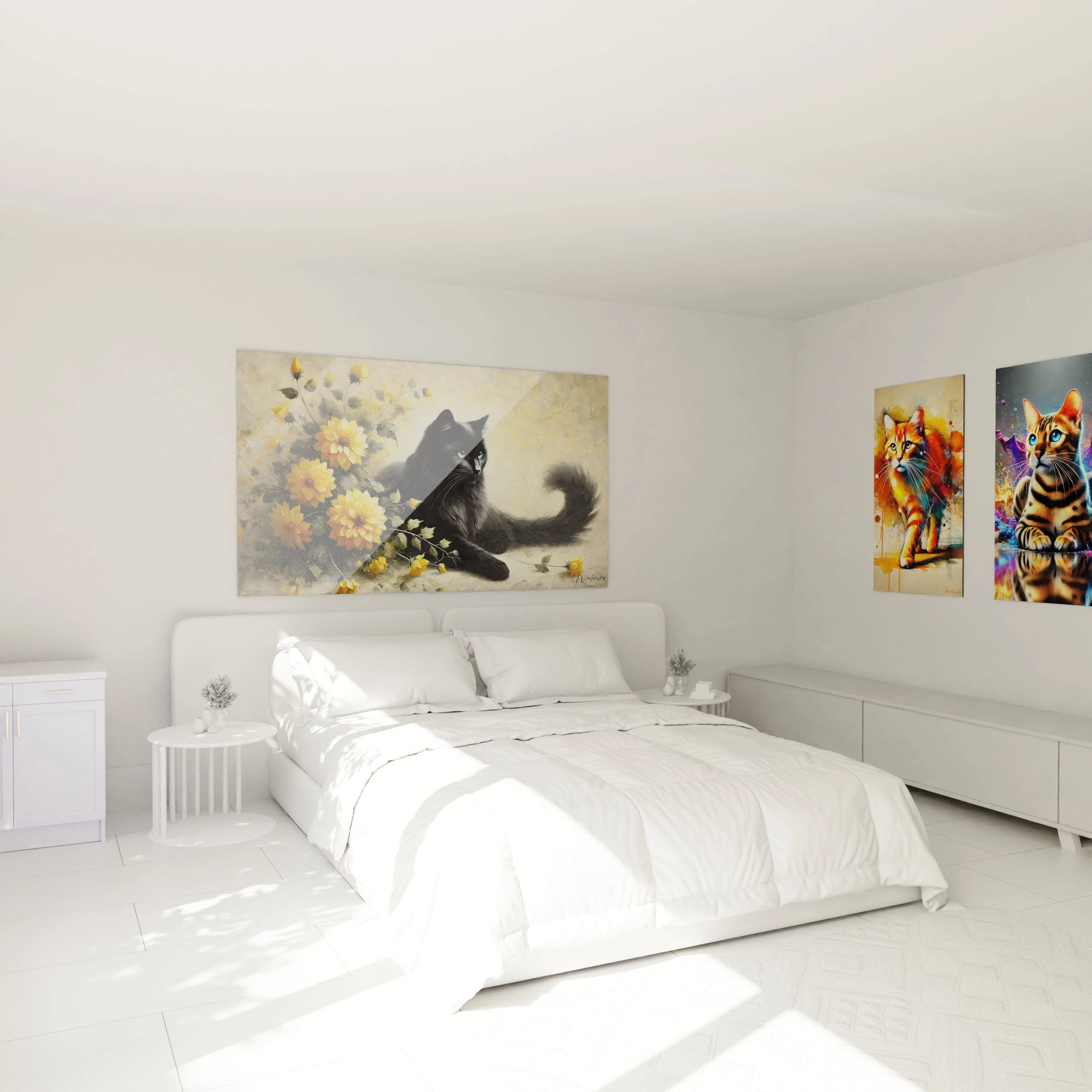 Accroché au-dessus du lit, ce tableau chat noir et fleurs jaunes apporte une touche de mystère et d'élégance à la chambre. Le contraste des couleurs offre une ambiance apaisante et sophistiquée.