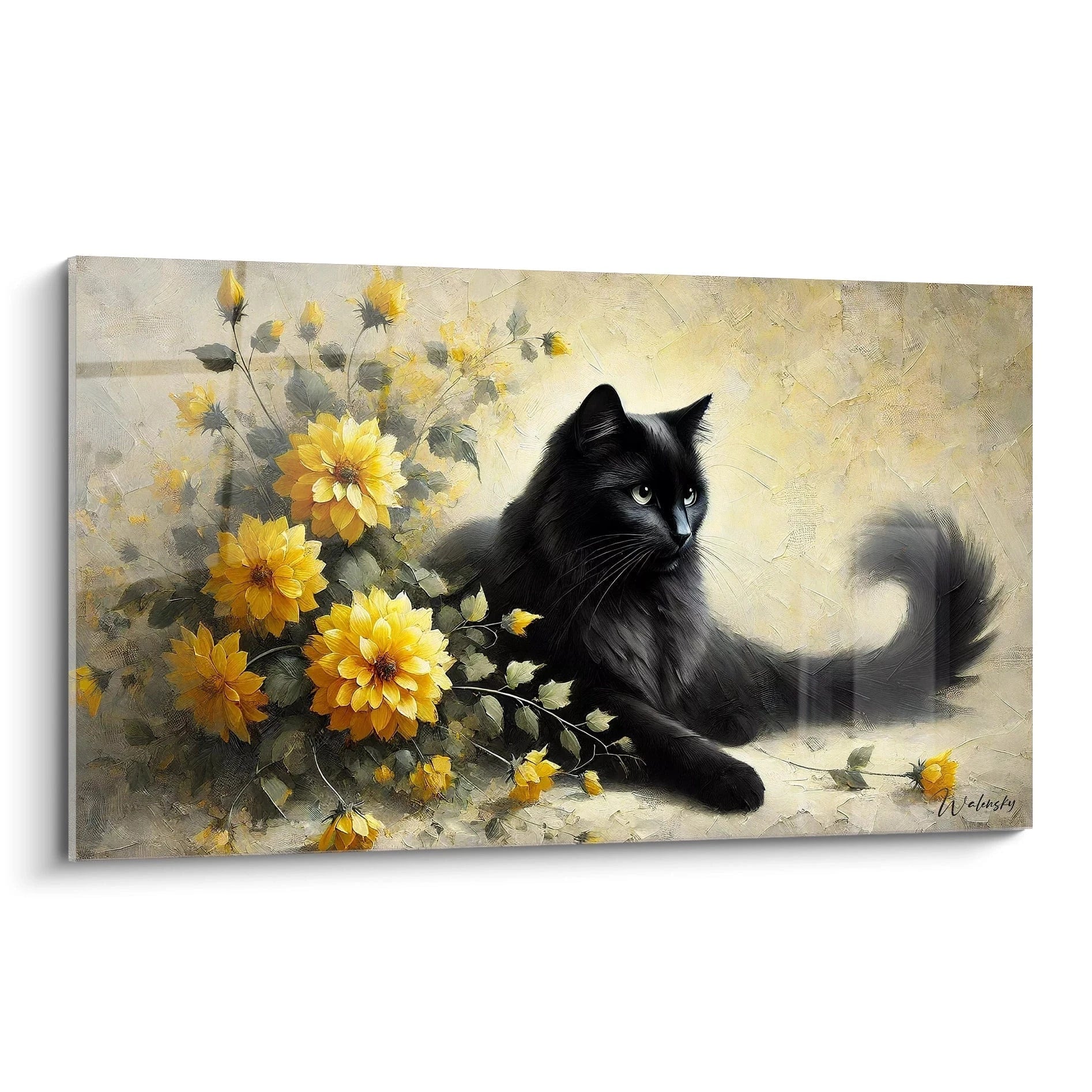 Ce tableau chat présente un magnifique chat noir entouré de fleurs jaunes. Vue de biais, cette oeuvre capturant l'élégance du chat et la vivacité des fleurs est idéale pour une décoration chic.
