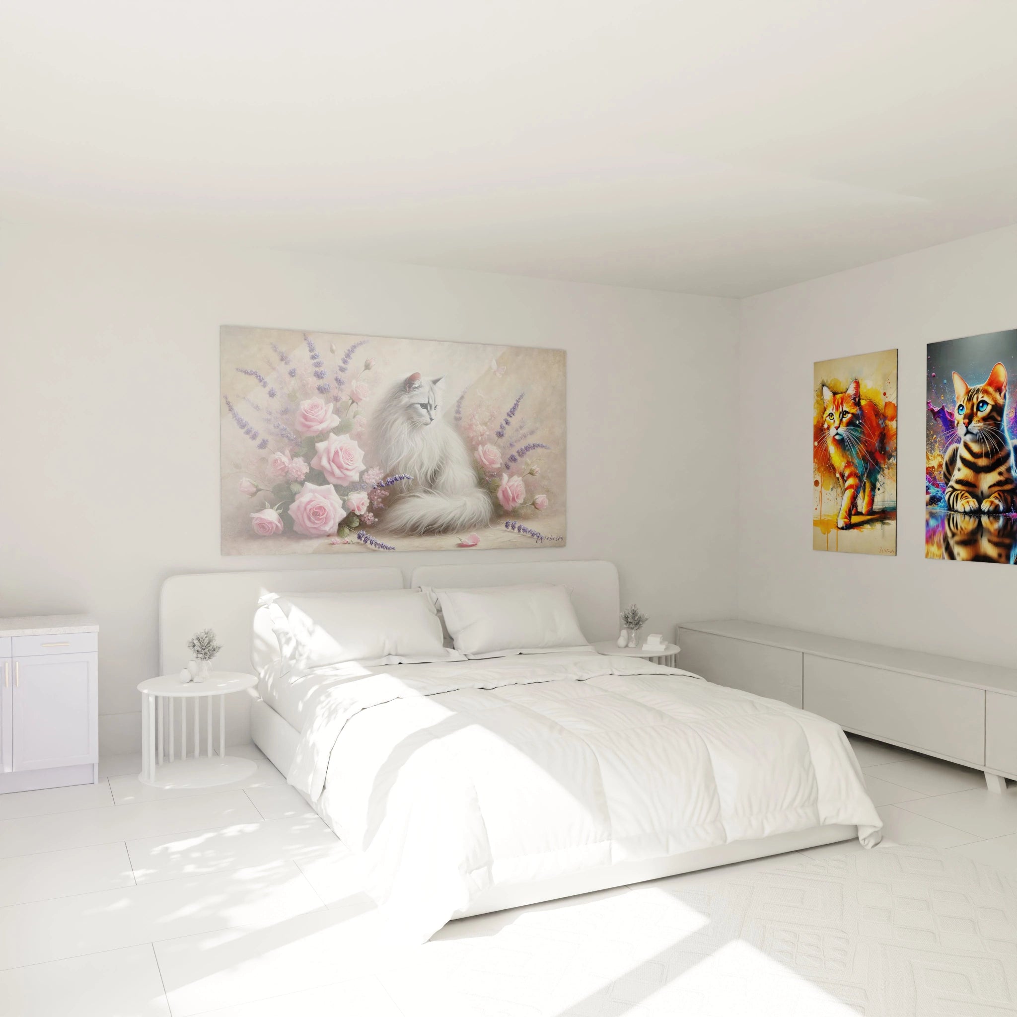 Ajoutez une touche poétique à votre chambre avec ce tableau chat. L'association du chat blanc et des fleurs roses et lavandes crée une atmosphère apaisante parfaite pour une ambiance relaxante.