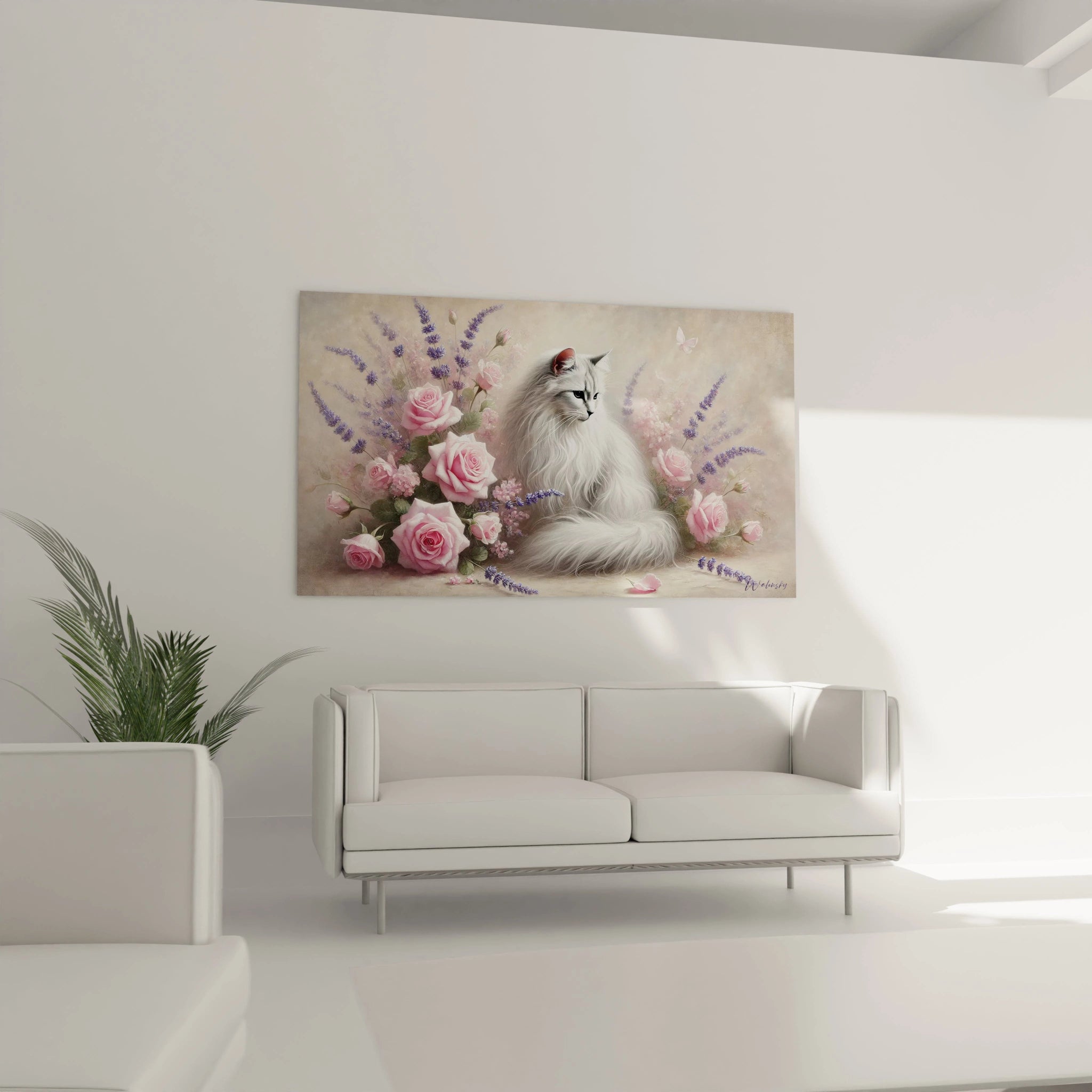 Sublimez votre salon avec ce tableau chat floral. Le contraste du pelage soyeux du chat et la douceur des fleurs pastels apportent une élégance naturelle à votre espace de vie.