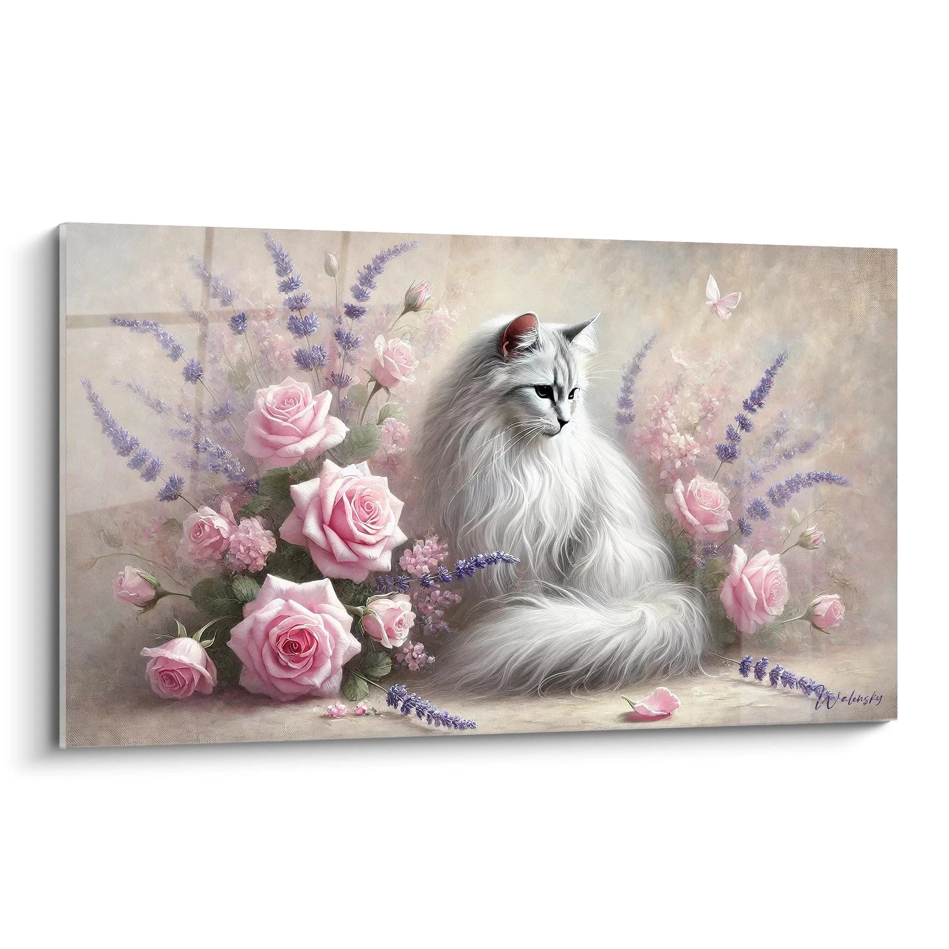 Ce tableau chat sublime représente un chat blanc majestueux entouré de fleurs délicates. L'utilisation de couleurs pastel ajoute une touche apaisante, idéale pour une décoration élégante.