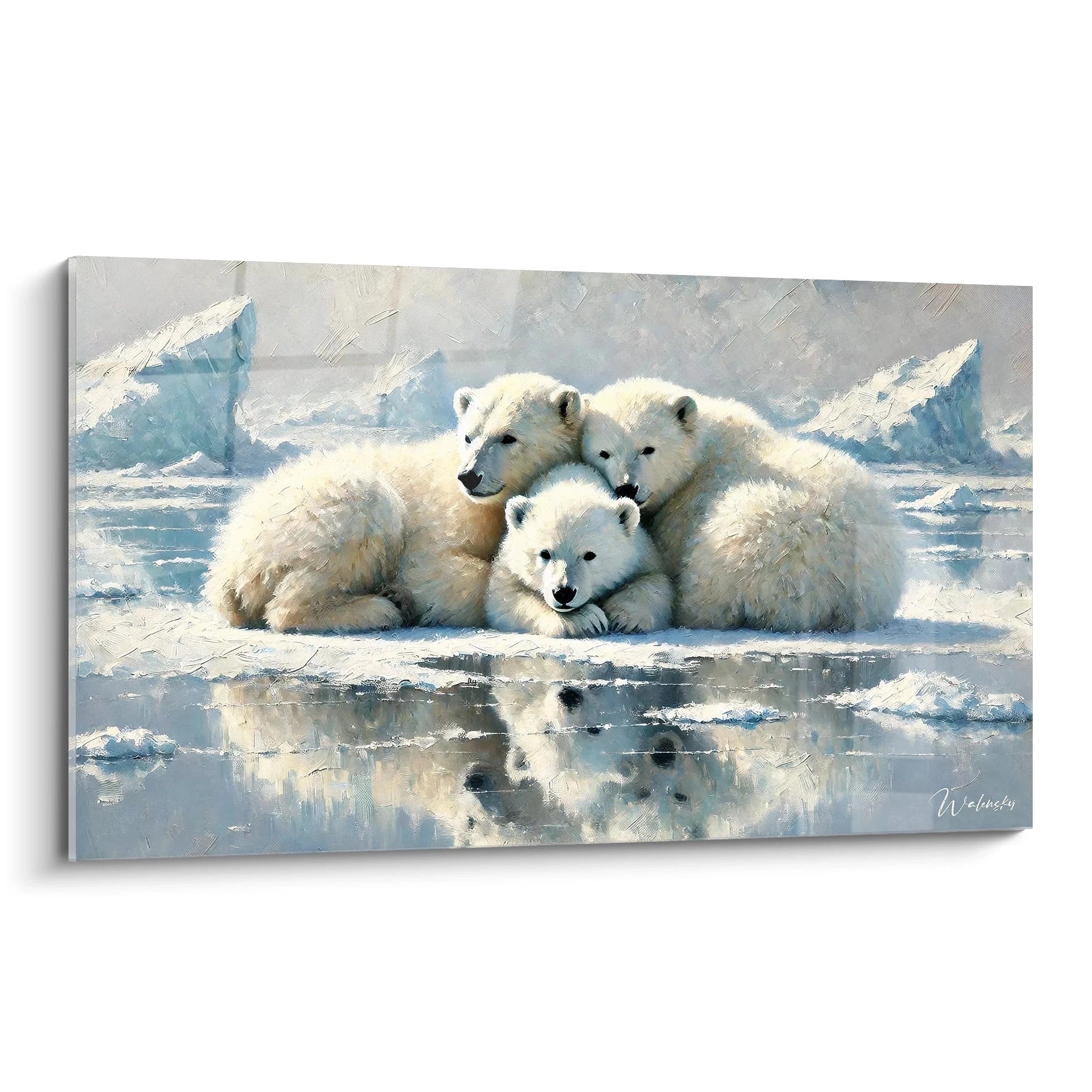 Ce tableau ours polaire vu de biais capture la tendresse d'une famille dans l'Arctique. Sa texture détaillée et ses teintes glacées en font un ajout parfait à toute décoration inspirée par la nature.