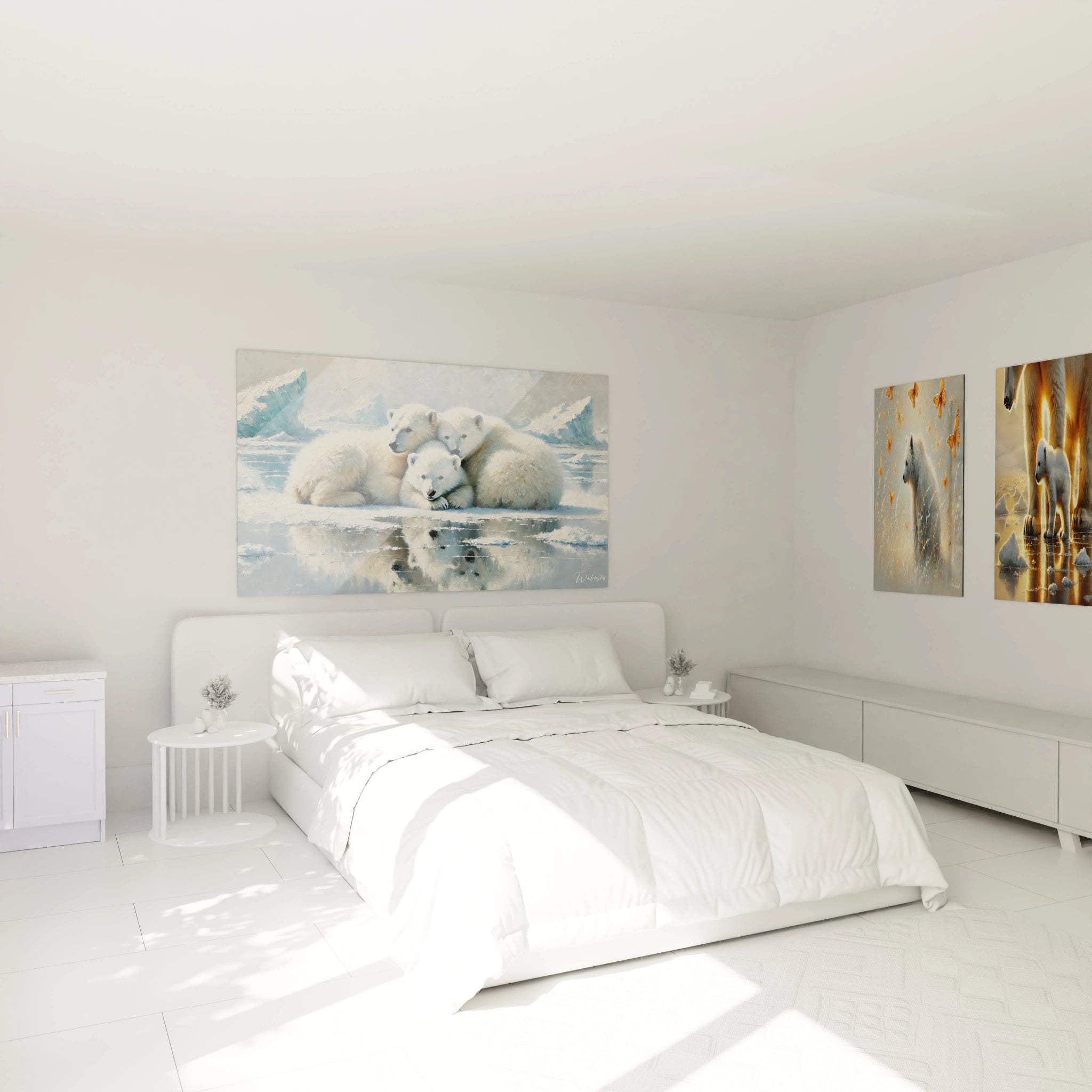 Dans cette chambre, le tableau ours polaire apporte une ambiance sereine. Son emplacement au-dessus du lit offre un point focal apaisant, parfait pour une atmosphère de détente et de confort.