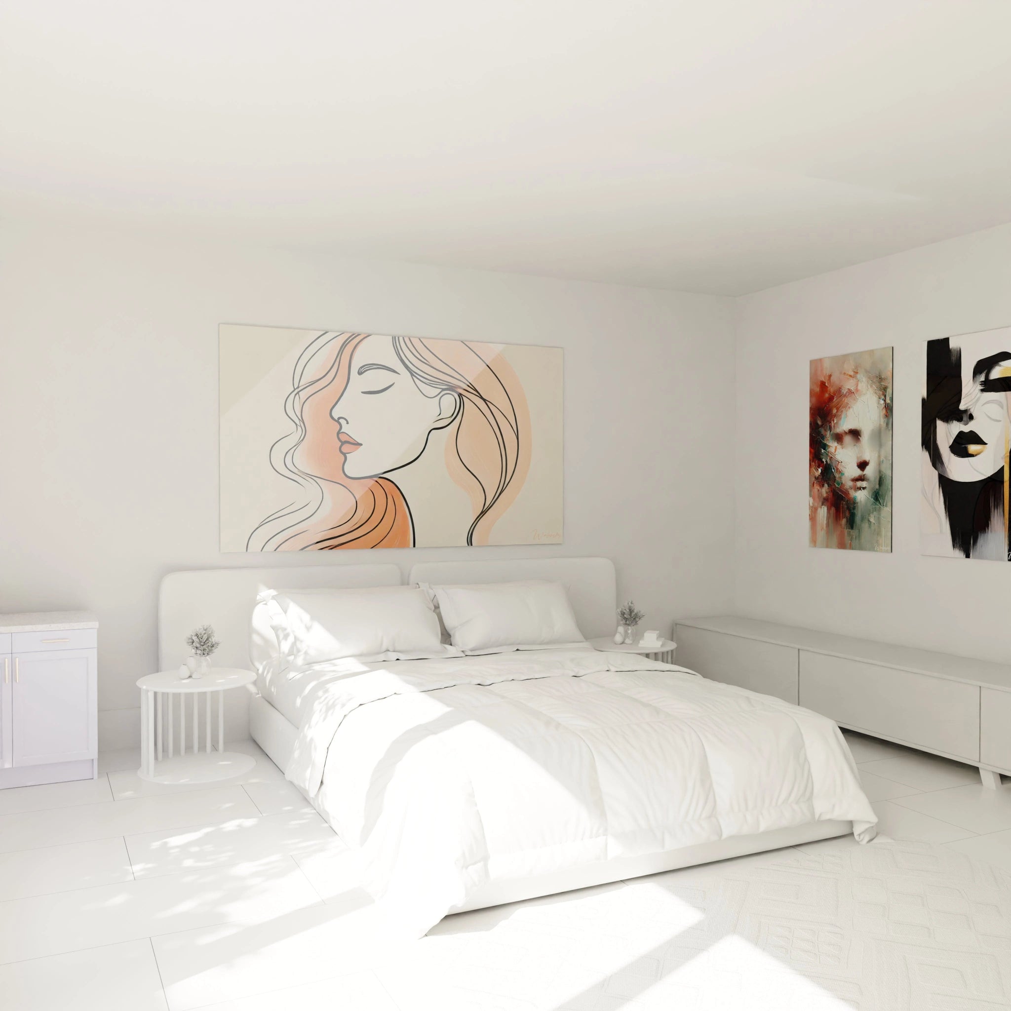 "Tableau 'Douceur Linéaire' apportant une touche de sérénité à la chambre. Ses traits féminins fluides s'harmonisent parfaitement avec l'ambiance reposante de l'espace."