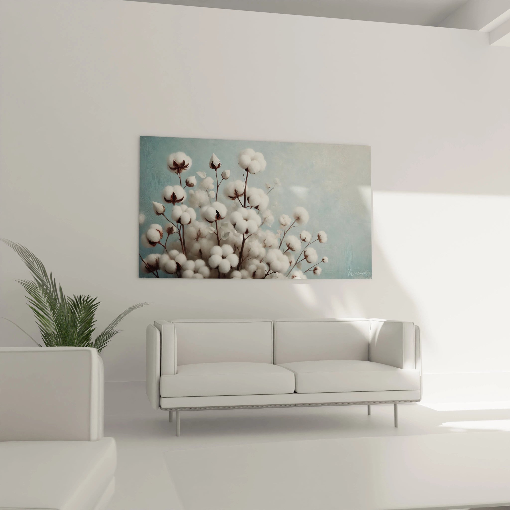 Tableau Fleur suspendu au-dessus d un canapé : ajoutez une touche de douceur et de simplicité à votre salon avec cette scene apaisante de bourgeons de coton flottants dans un ciel bleu.