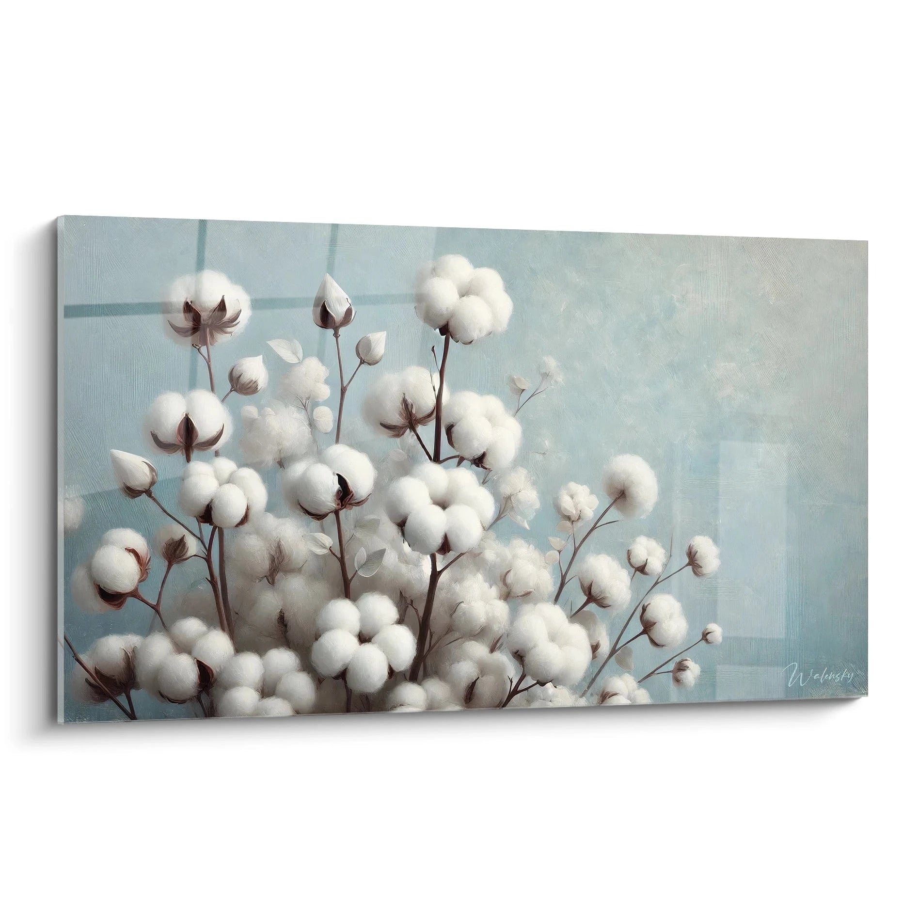 Tableau Fleur vu de biais : plongez dans la douceur apaisante des fleurs de coton flottant dans un ciel serein. Une composition soyeuse et réaliste pour sublimer votre interieur.