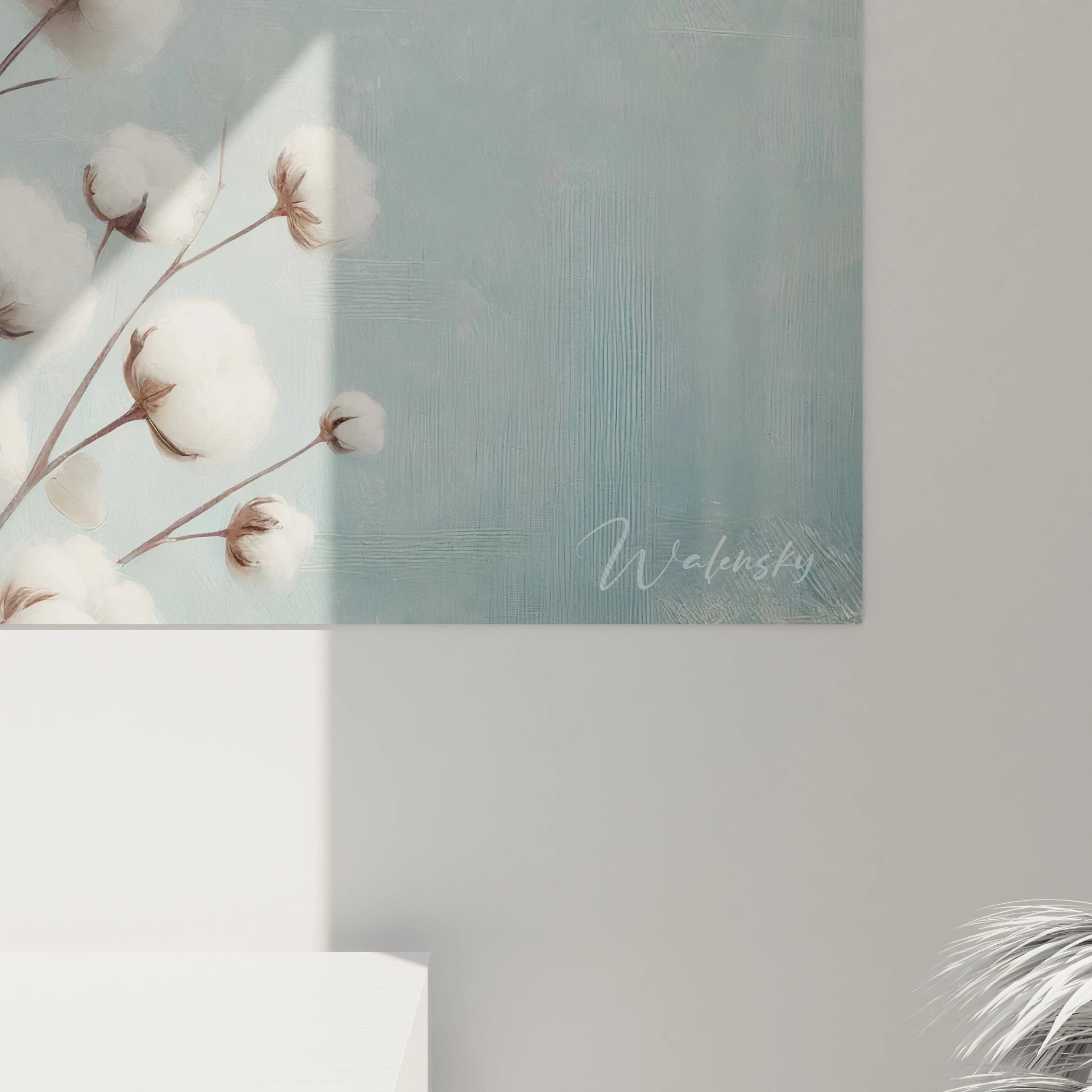 Vue de pres du tableau Fleur : chaque detail des bourgeons et branches est peint avec une realisme delicat. Apportez une sensation de purete et de serenite avec cette representation naturelle