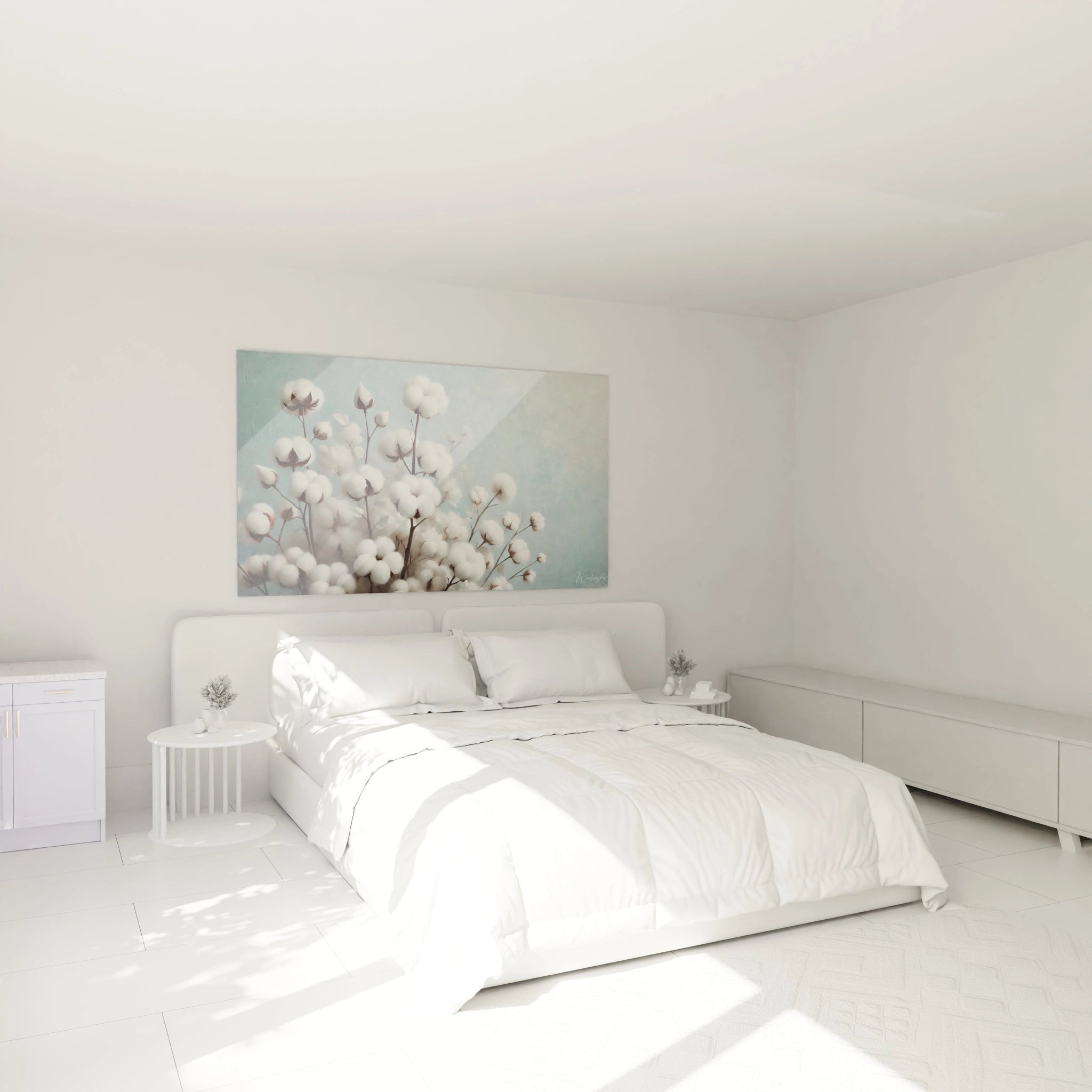 Dans une chambre au-dessus du lit, ce tableau Fleur capture la tranquillité naturelle des fleurs de coton. Un accent de serenité qui invite au repos et au calme dans votre espace de nuit.