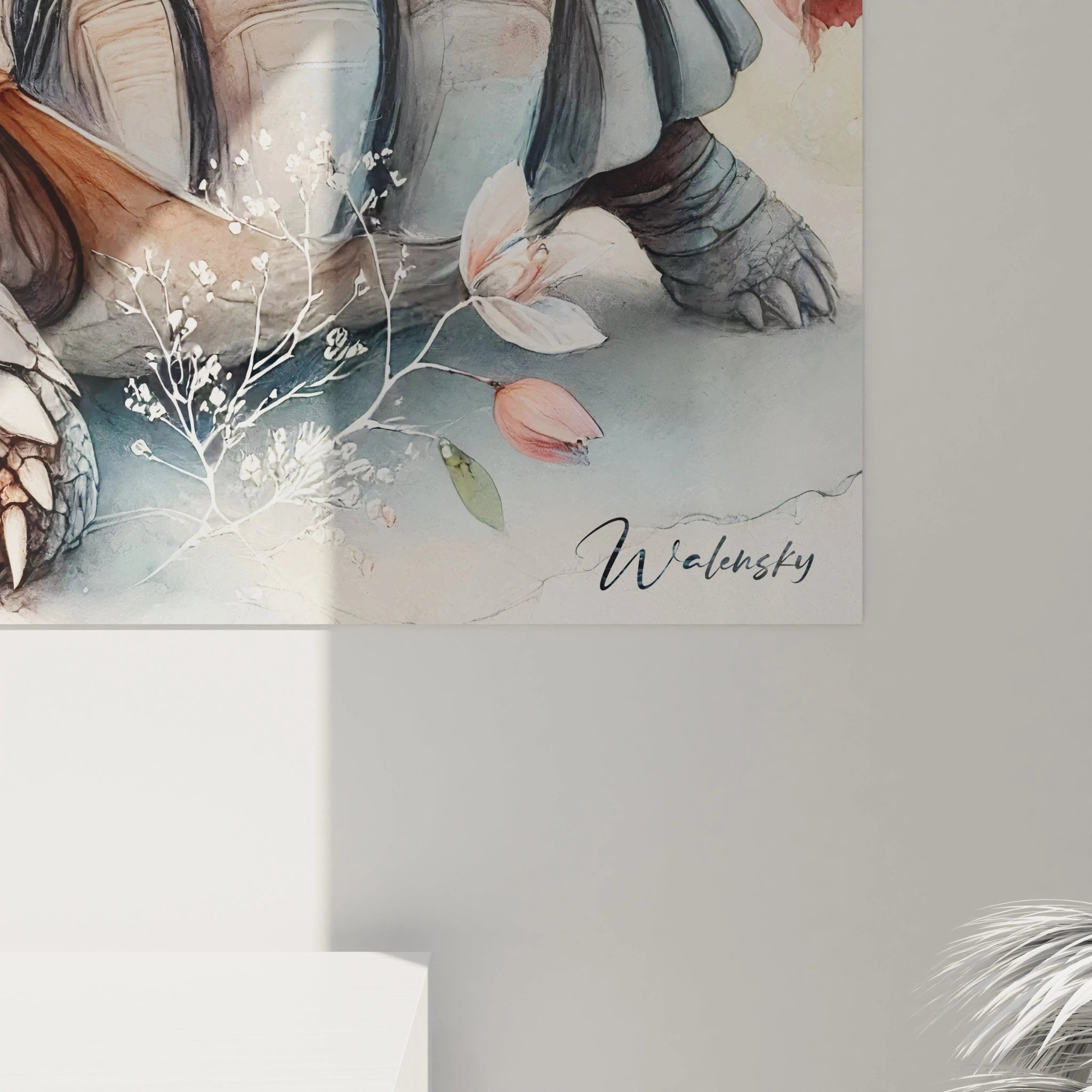 Cette vue de pres du tableau tortue terrestre met en avant ses details minutieux. La carapace aux motifs subtiles et les tons pastel offrent un bel equilibre entre nature et serenite visuelle.