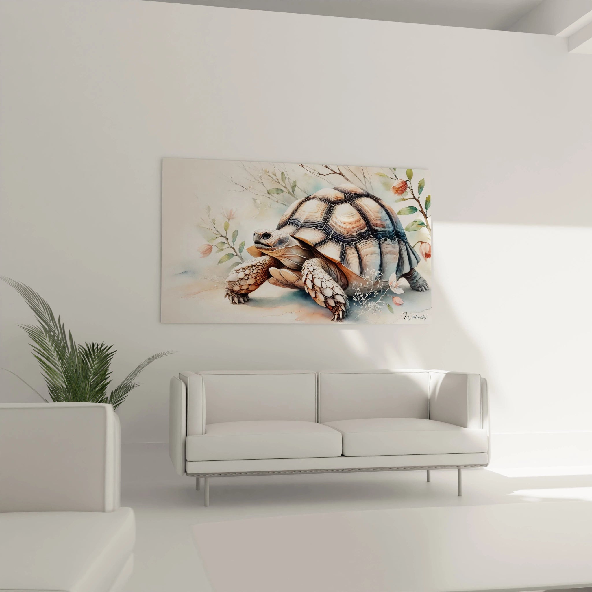 Dans un salon, le tableau tortue terrestre suspendu au-dessus du canape introduit une atmosphere de calme. Ses elements floraux delicats et sa carapace nuancee ajoutent une touche d'evasion.