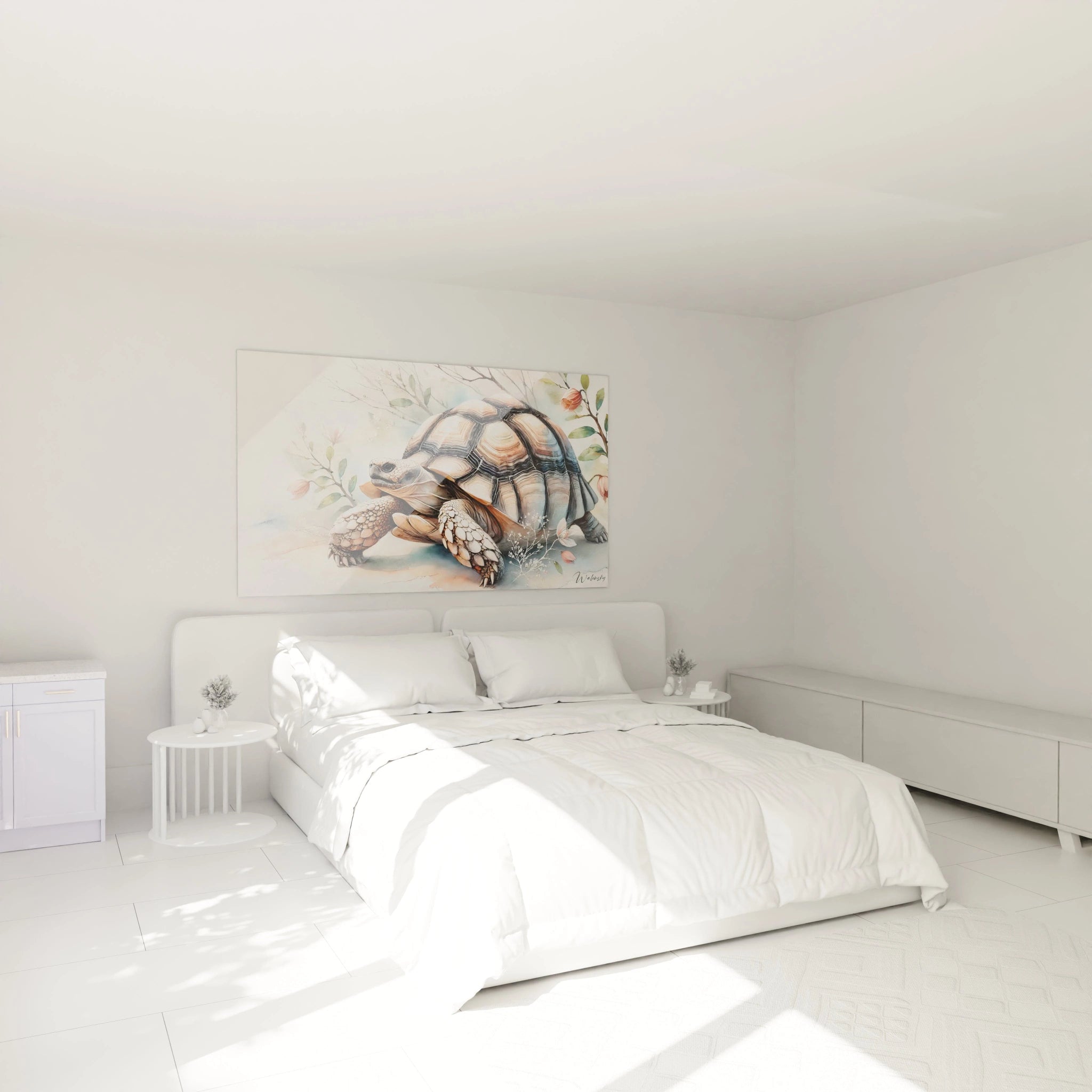 Ce tableau tortue terrestre accroche dans une chambre apporte une touche de nature et de serenite. Les couleurs douces et le design realiste harmonisent l'espace pour un environnement de detente.