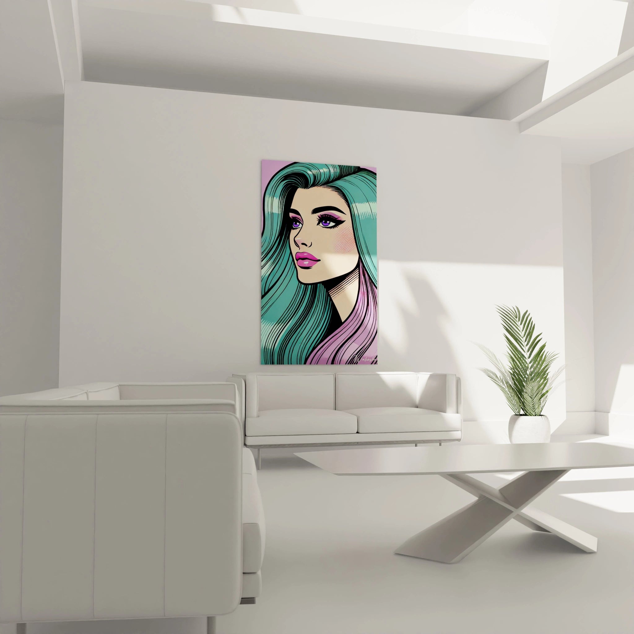 "Salon contemporain avec tableau en verre acrylique Pop Art / Rétro suspendu au-dessus du canapé. Art mural coloré et dynamique pour décoration intérieure de salon."