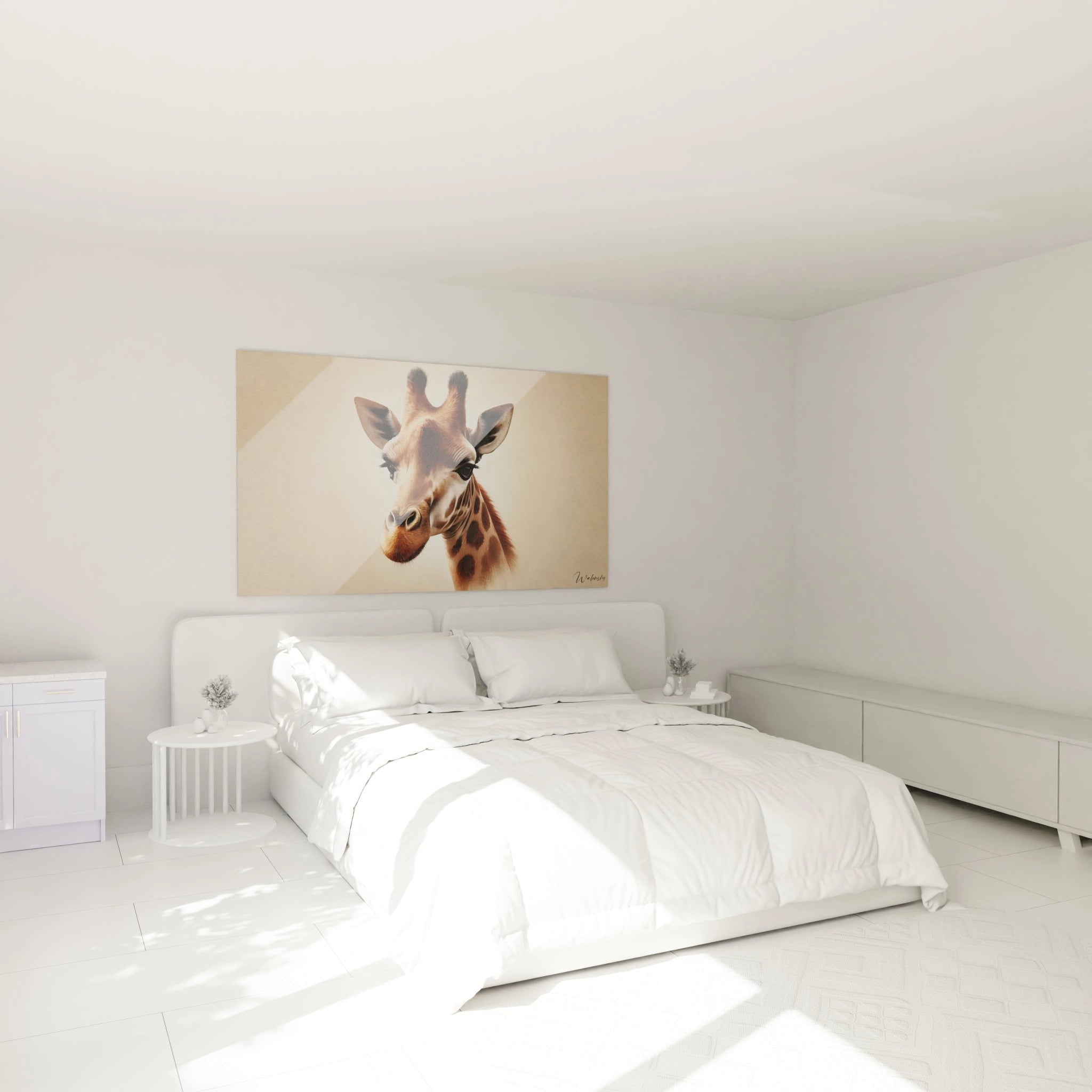 Accroché au-dessus du lit, ce tableau girafe introduit une sérénité naturelle dans la chambre. Son style minimaliste et ses tons neutres s'intègrent parfaitement pour une ambiance apaisante et chaleureuse.