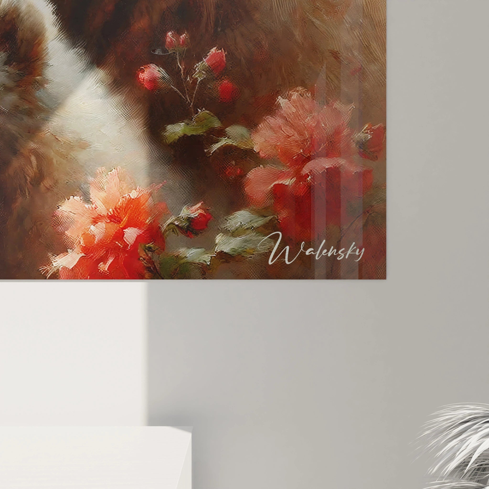 Vue rapprochee du tableau ours brun, montrant la finesse des details de la fourrure et des fleurs rouges luxuriantes. Une scene touchante qui capture parfaitement la tendresse animale.