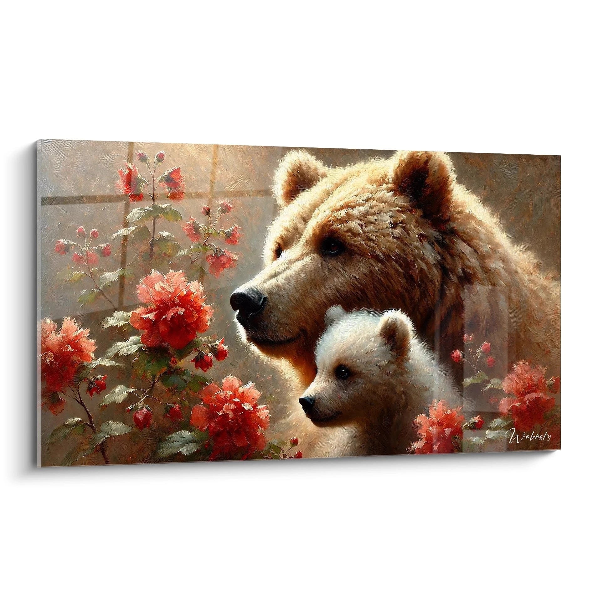 Ce tableau ours brun presente une tendre interaction entre une mere et son ourson dans un cadre de fleurs rouges luxuriantes. Vue de biais, la texture et les details impressionnent.