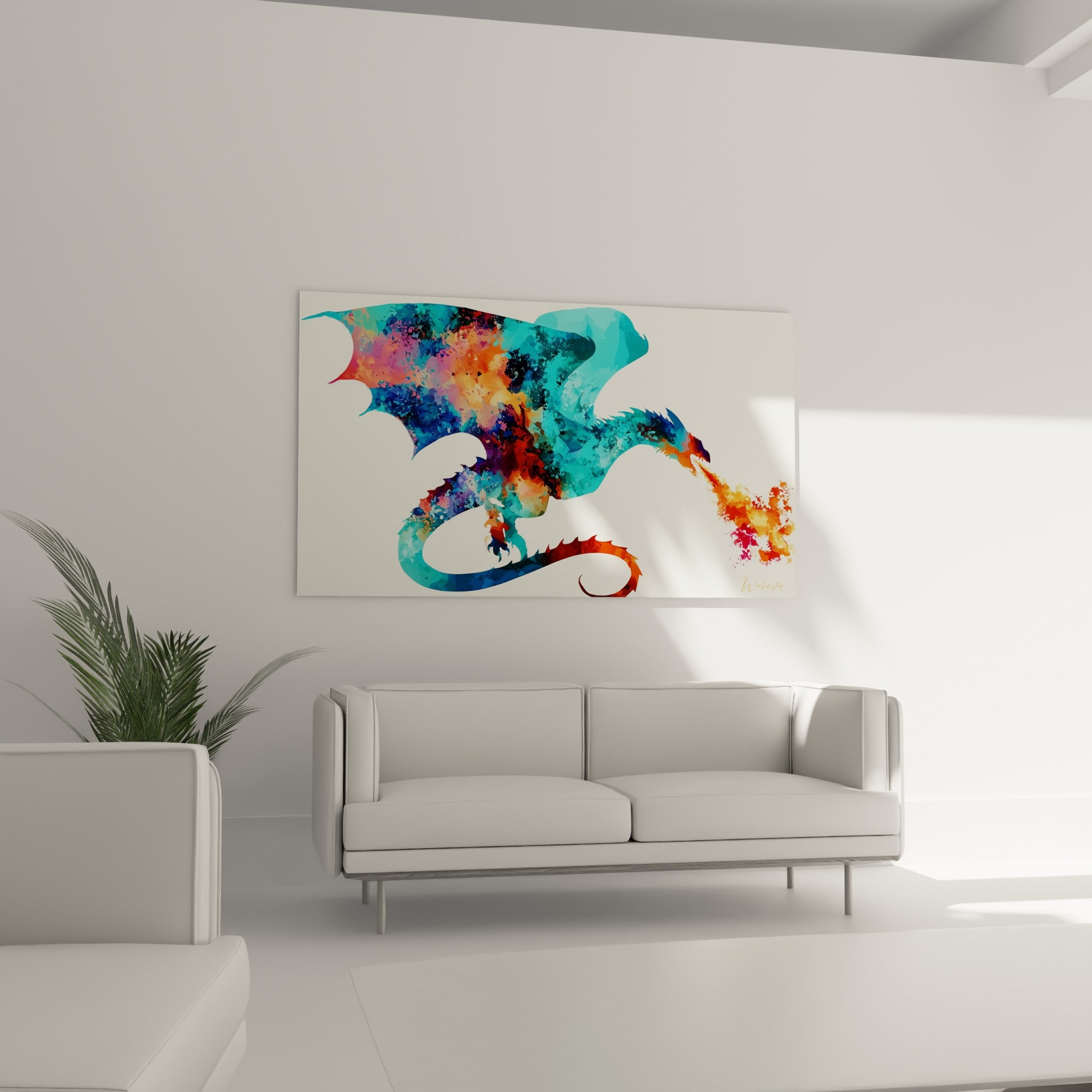 Silhouette de dragon turquoise aux éclats oranges, au-dessus d'un canapé dans un salon lumineux
