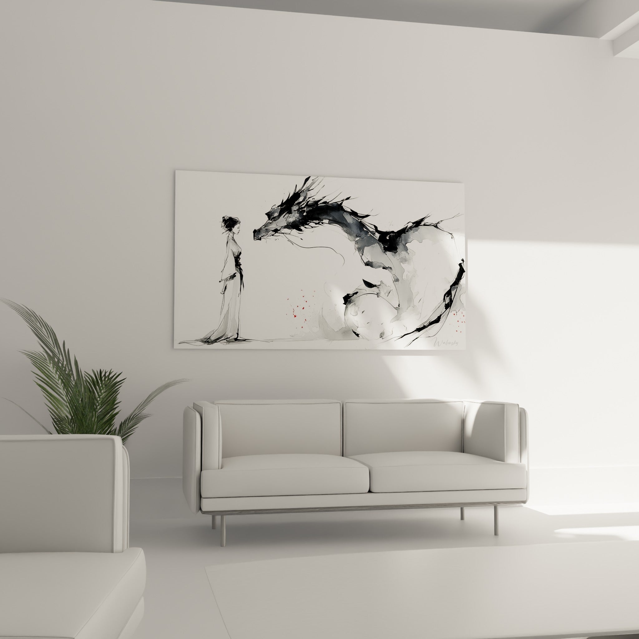 Créature noire et blanche en volutes d'encre, au-dessus d'un canapé dans un salon lumineux