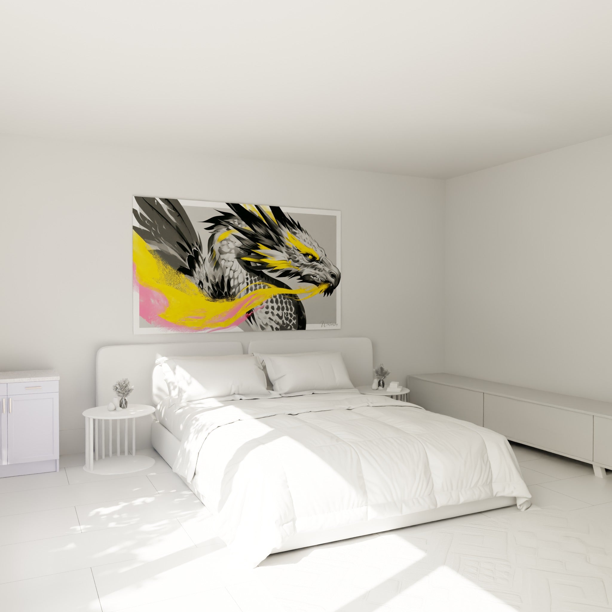 Créature légendaire grise aux flammes fuchsia et jaunes accrochée au-dessus d'un lit dans une chambre claire