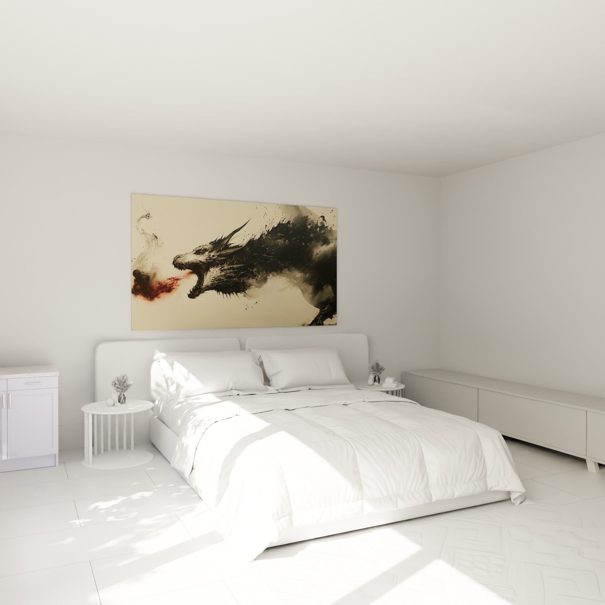 Créature écailleuse noire à la gueule ouverte, touches rouge sang, au-dessus d'un lit dans une chambre claire